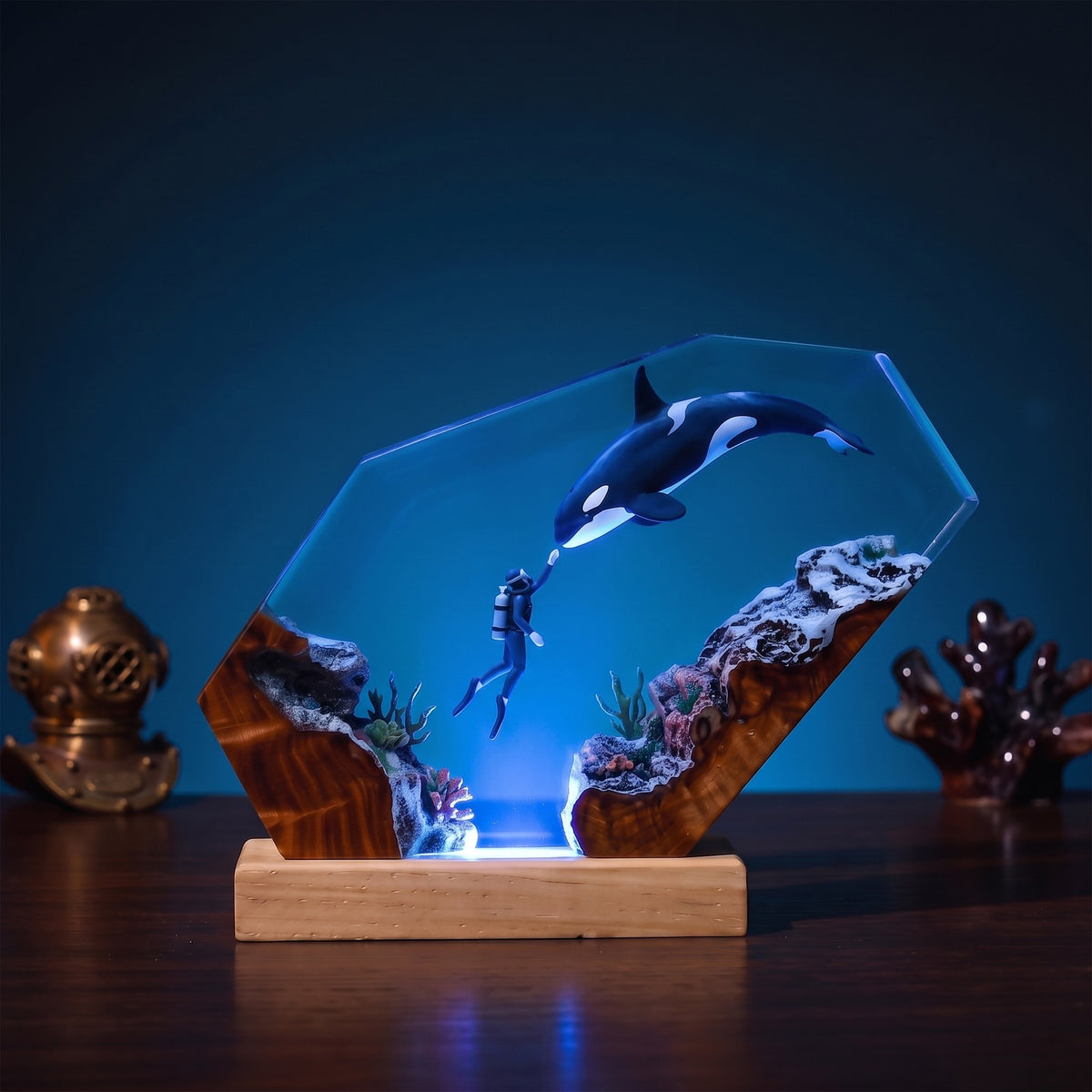 Orca & Scuba Diver Ocean Wood Resin Lamp