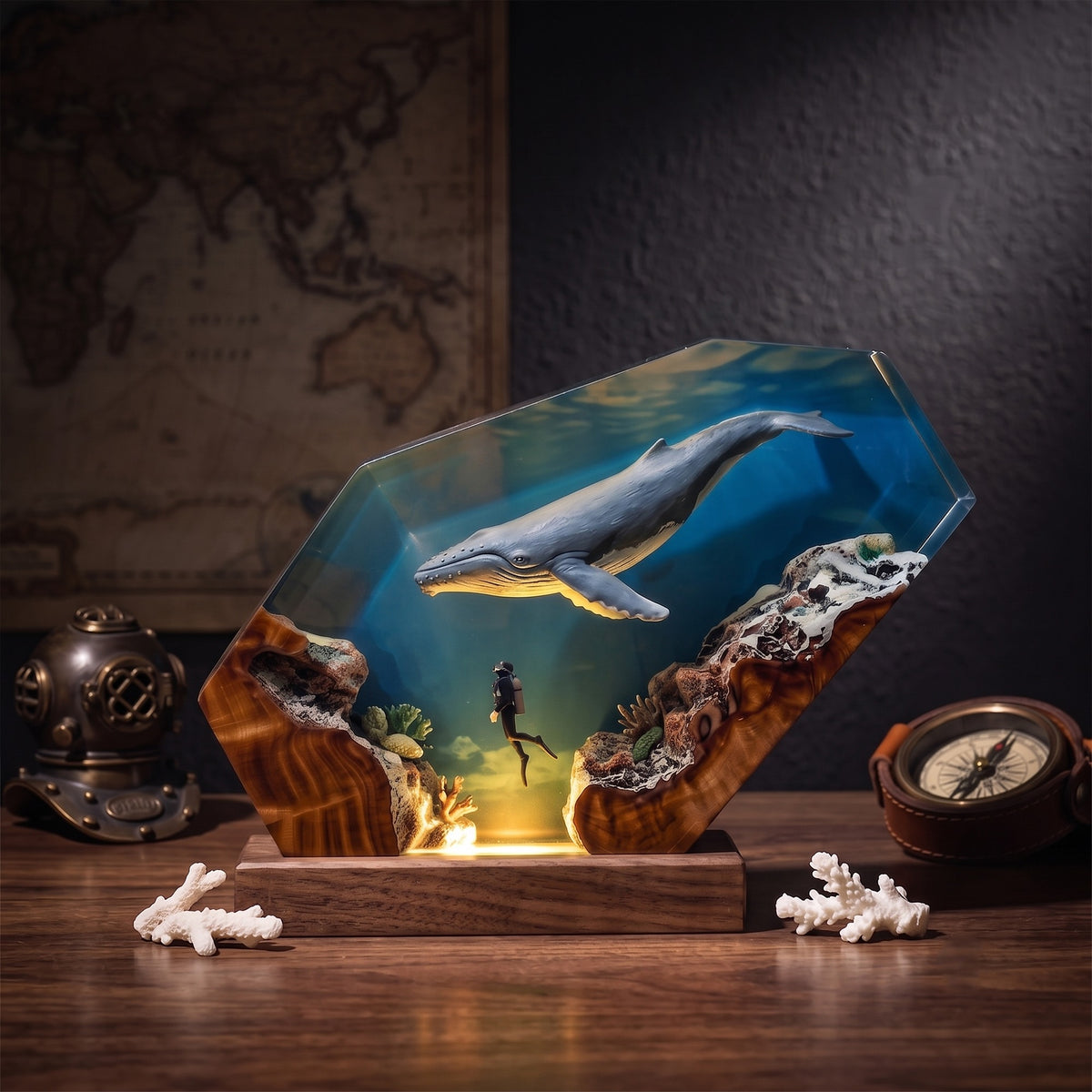 Humpback Whale & Scuba Diver Ocean Wood Resin Lamp