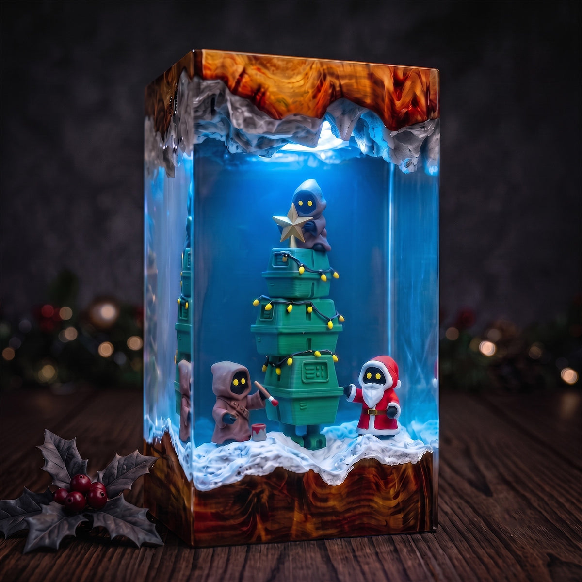 Galactic Holiday Droid Tree Resin Lamp – Tiny Hooded Helpers Decorating a Christmas Tree, Sci Fi Epoxy Diorama Night Light