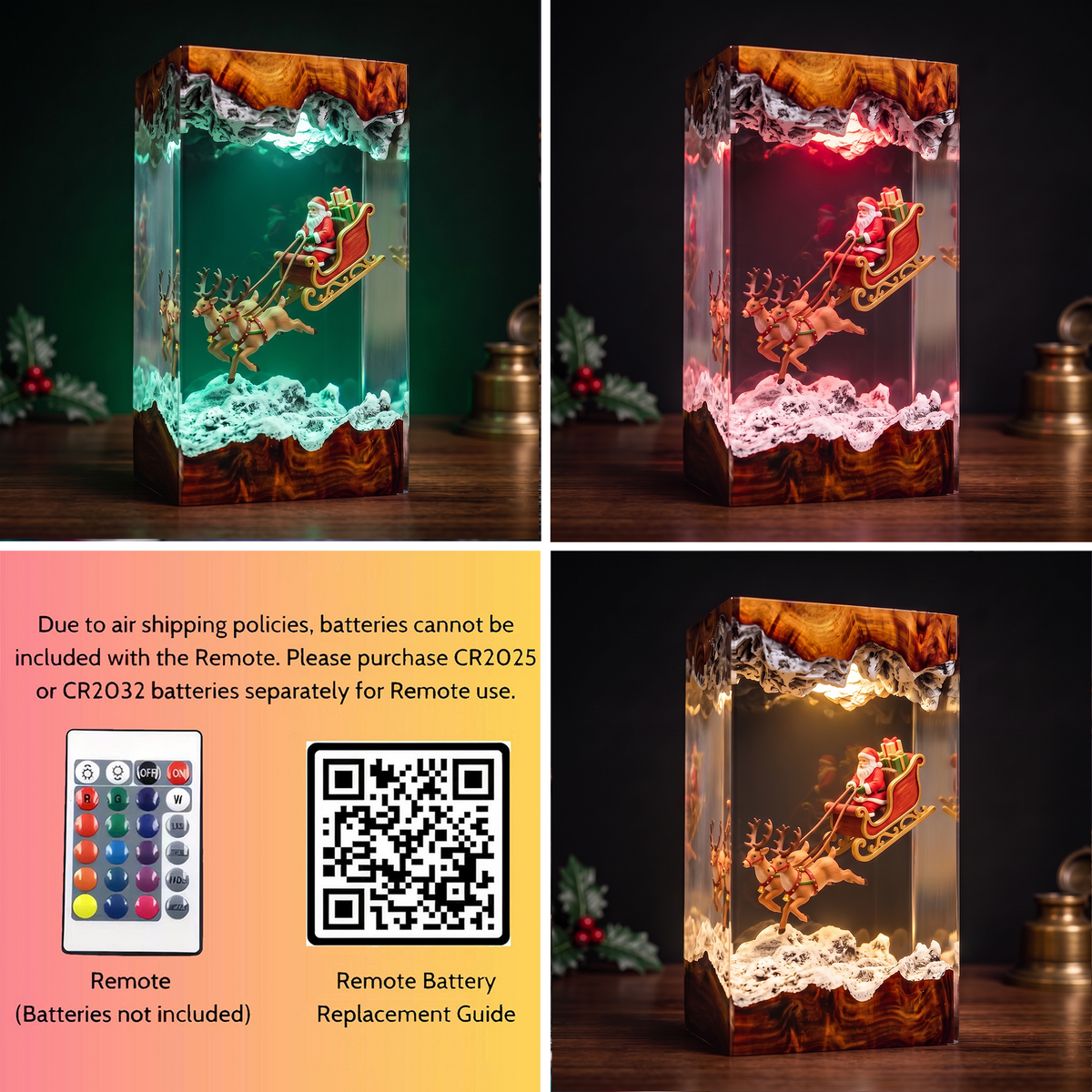 Santa Claus in a Flying Sleigh with Two Reindeer and Gifts Christmas Wood Resin Lamp