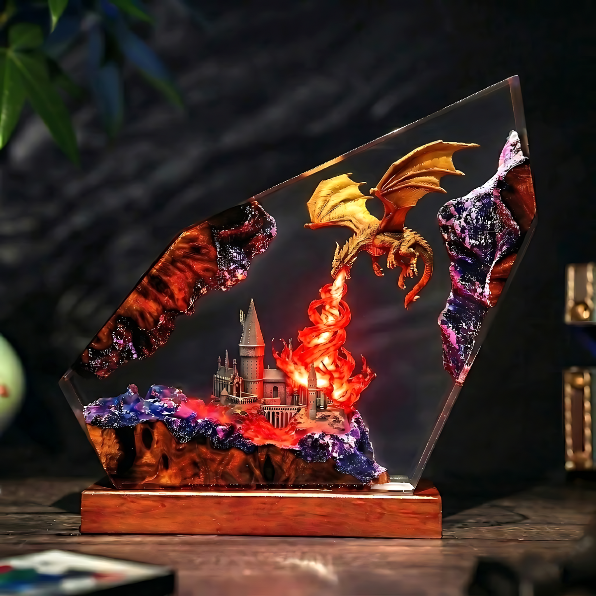 Fire-Breathing Dragon & Fantasy Castle Wood Resin Lamp