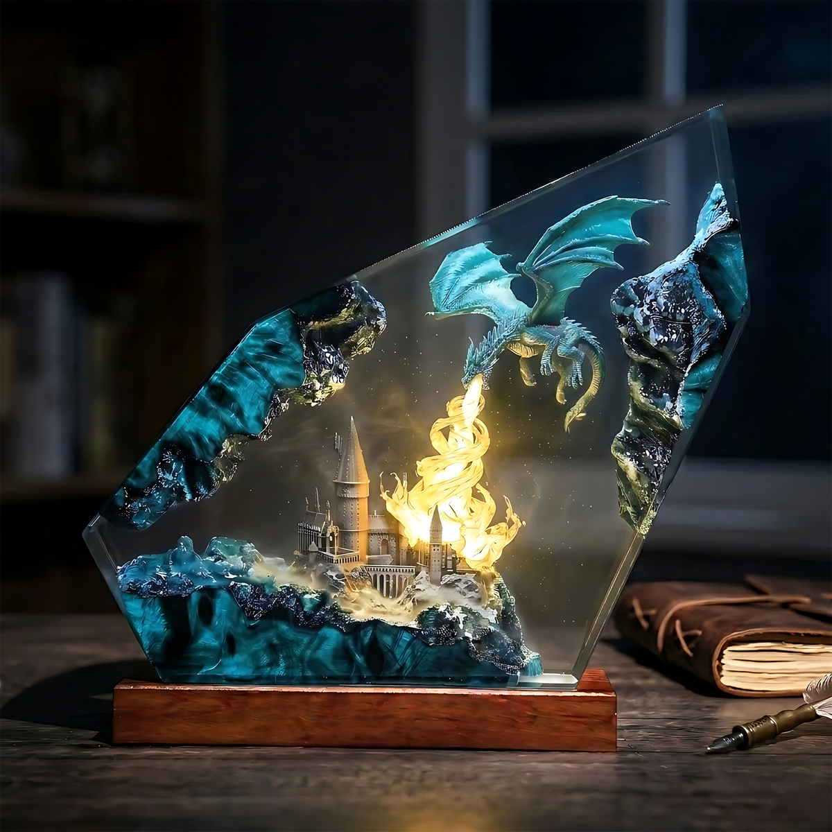 Blue Flame Dragon & Fantasy Castle Wood Resin Lamp