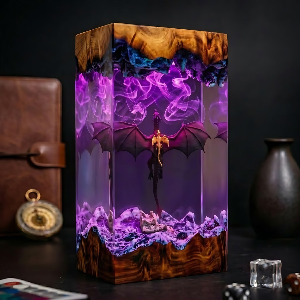 Flying Dragon & Baby Dragon Fantasy Wood Resin Lamp