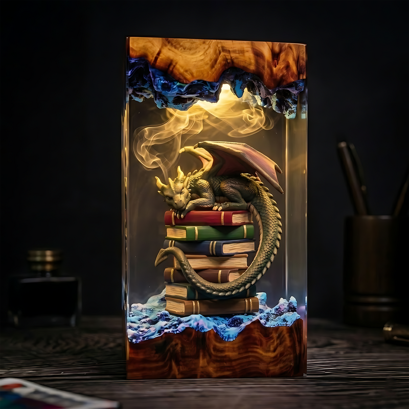 Sleeping Dragon on Stacked Books Wood Resin Lamp