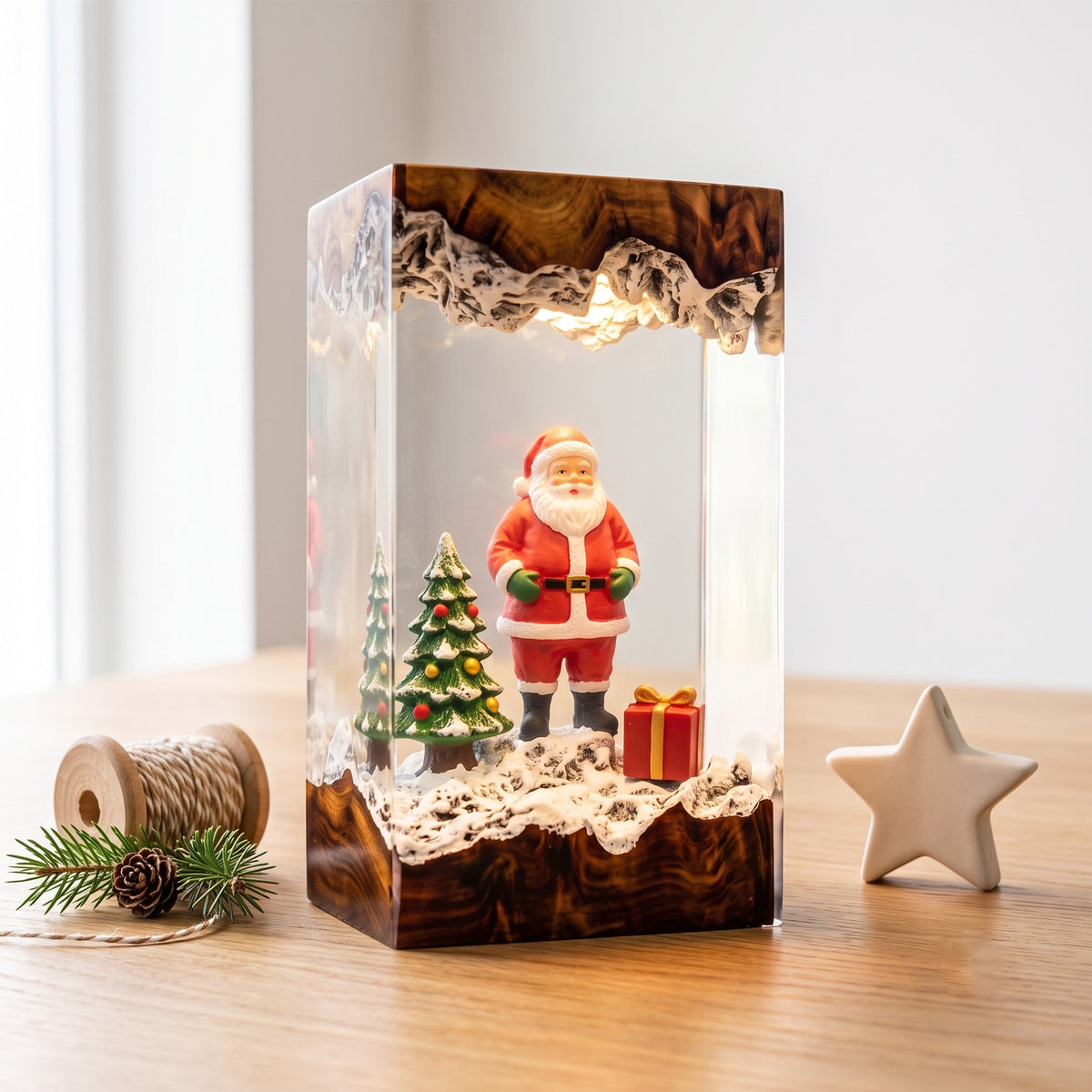 Santa Claus with Snowy Christmas Trees and Gift Box Wood Resin Lamp