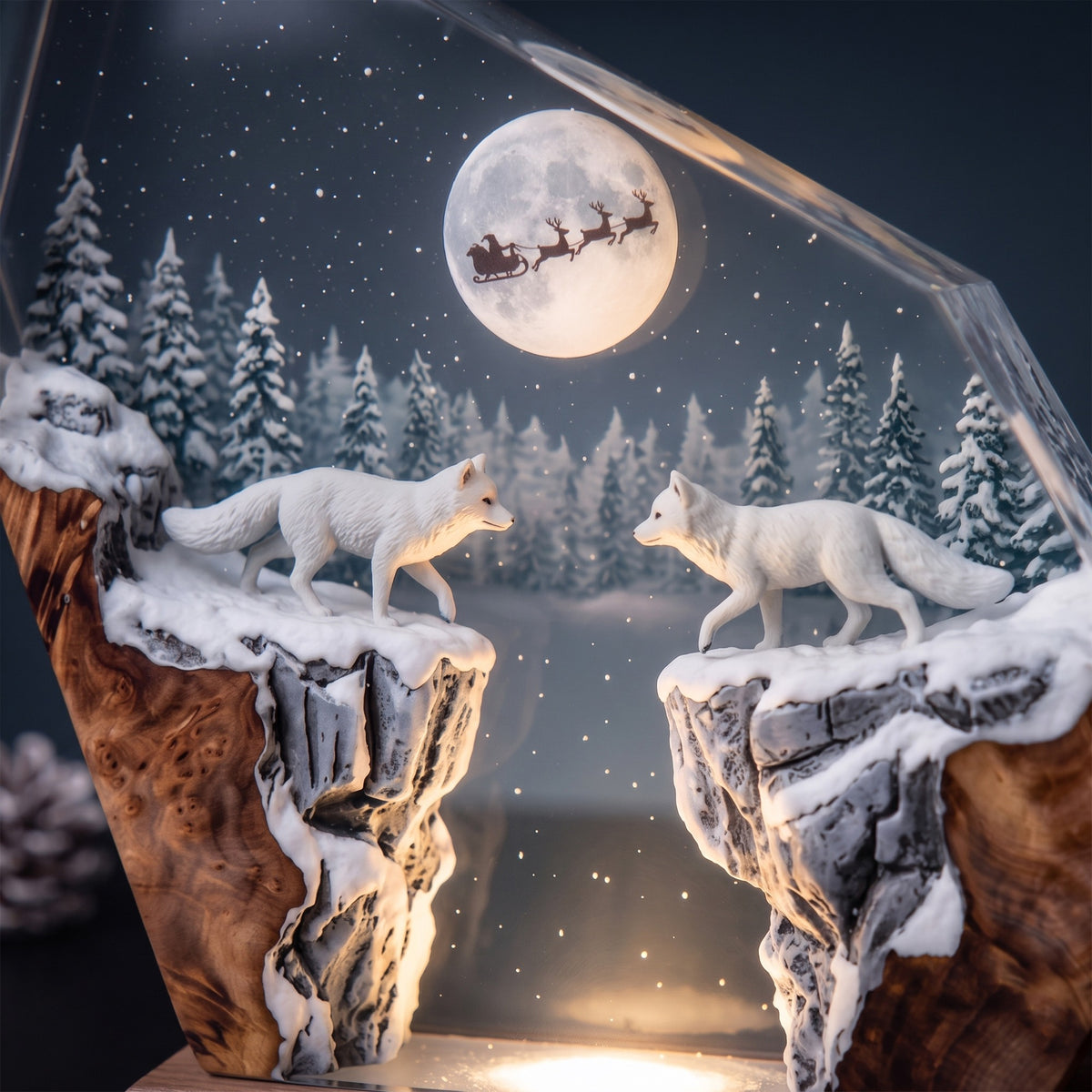 Arctic Foxes & Santa Sleigh Christmas Wood Resin Lamp