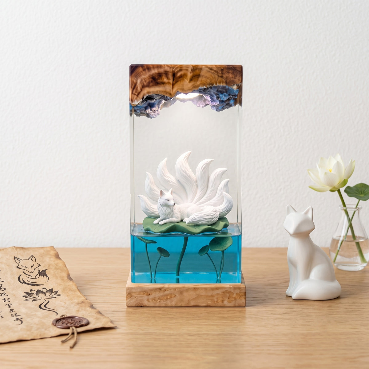 White Nine-Tailed Fox on Lotus Leaf Wood Resin Lamp