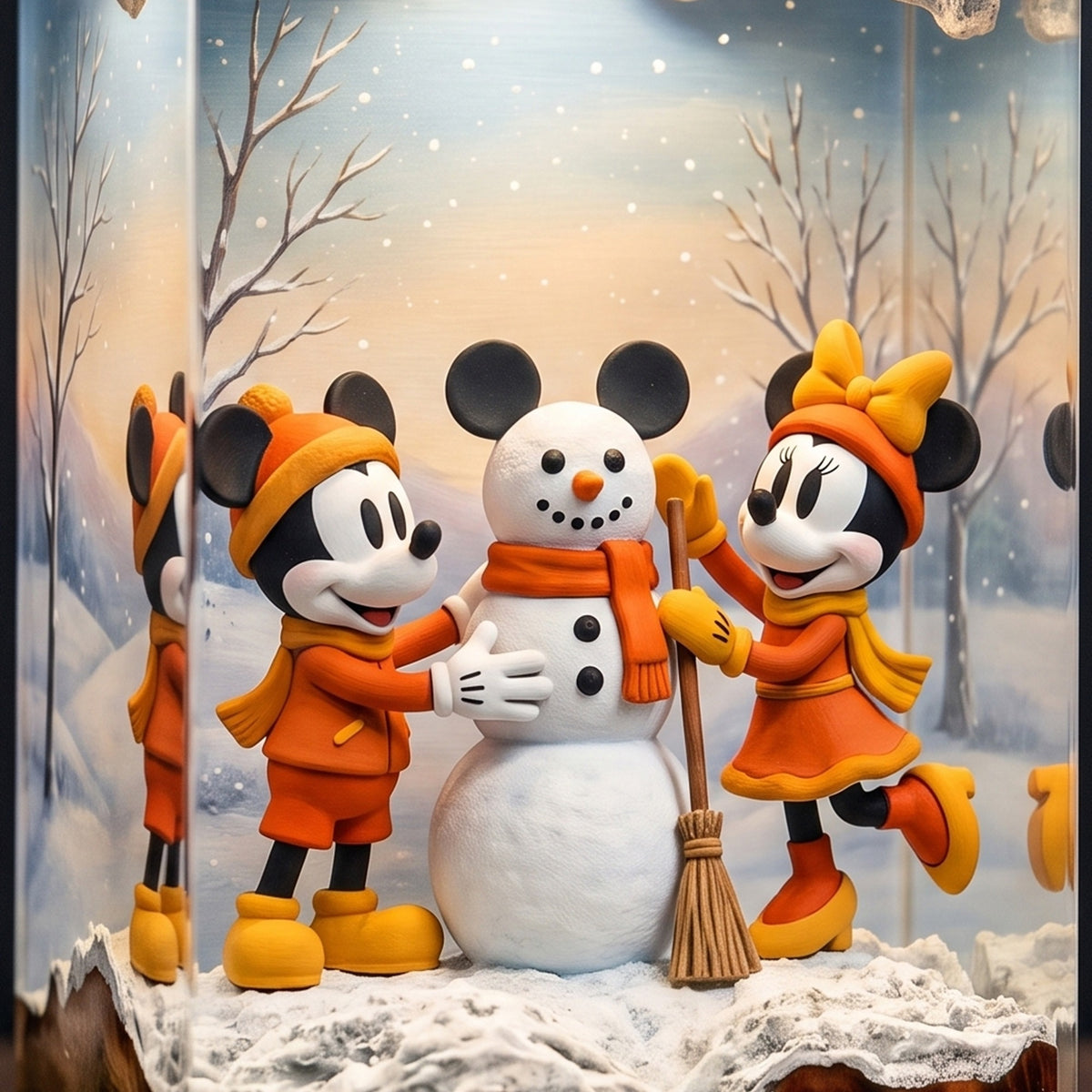 Mickey & Minnie Mouse Building a Snowman Christmas Wood Resin Lamp