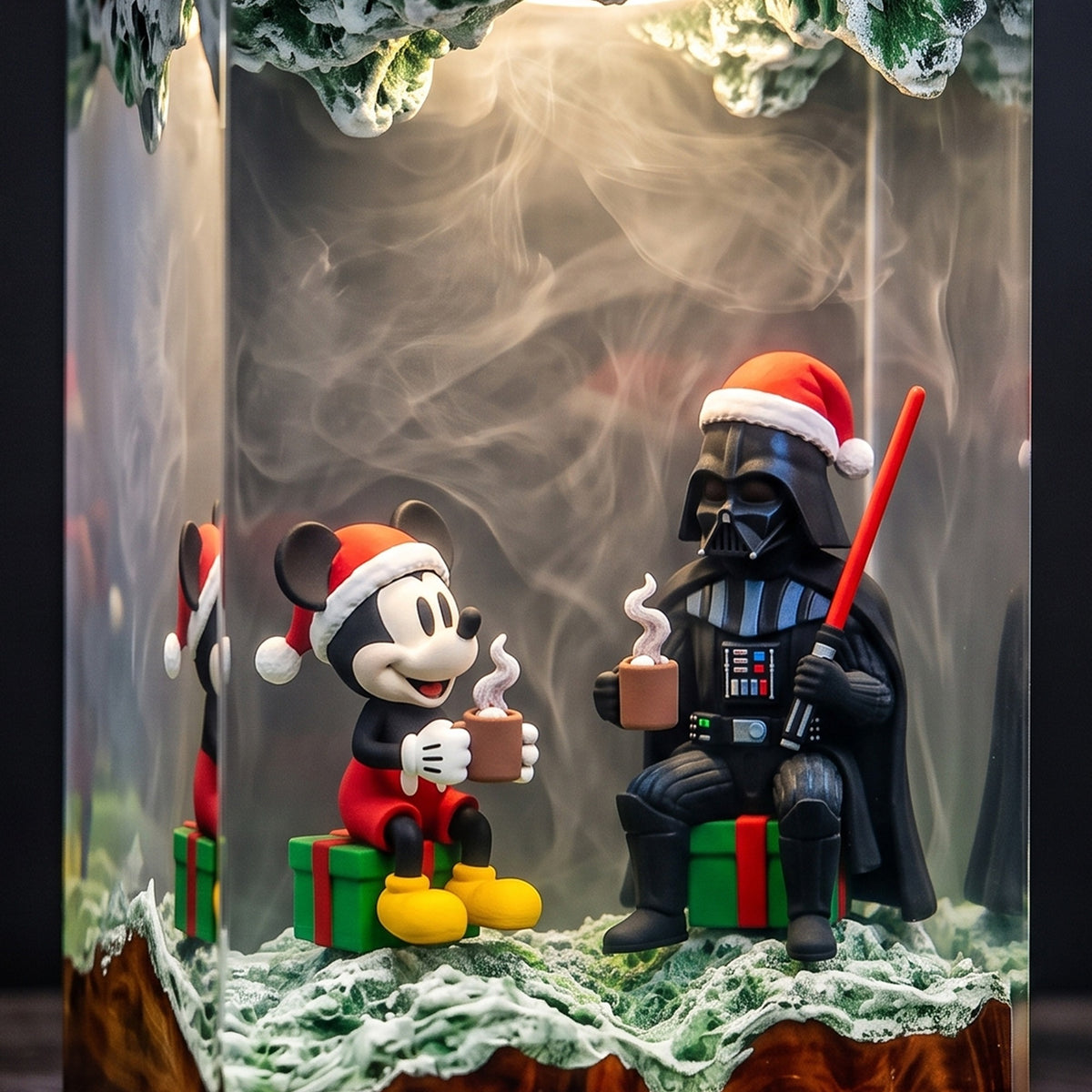 Christmas Dark Lord & Classic Mouse Resin Lamp – Holiday Cocoa Scene, Festive Movie Inspired Epoxy Diorama Night Light