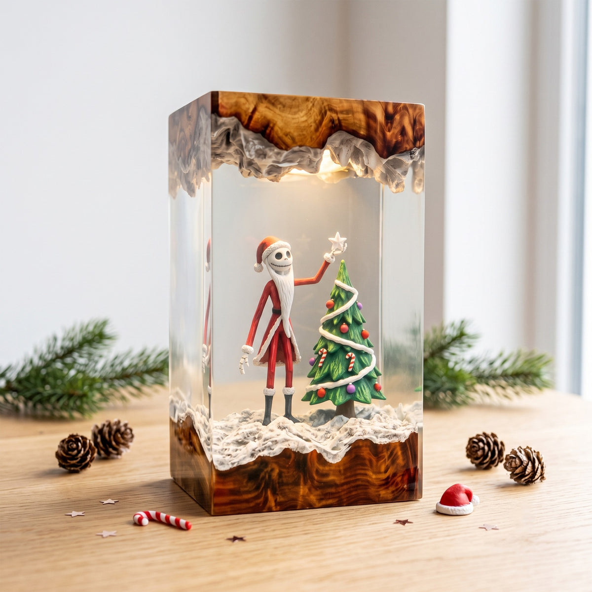 Christmas Skeleton Resin Lamp – Skeleton Santa Decorating Christmas Tree, Festive Epoxy Diorama Night Light, Holiday Decor