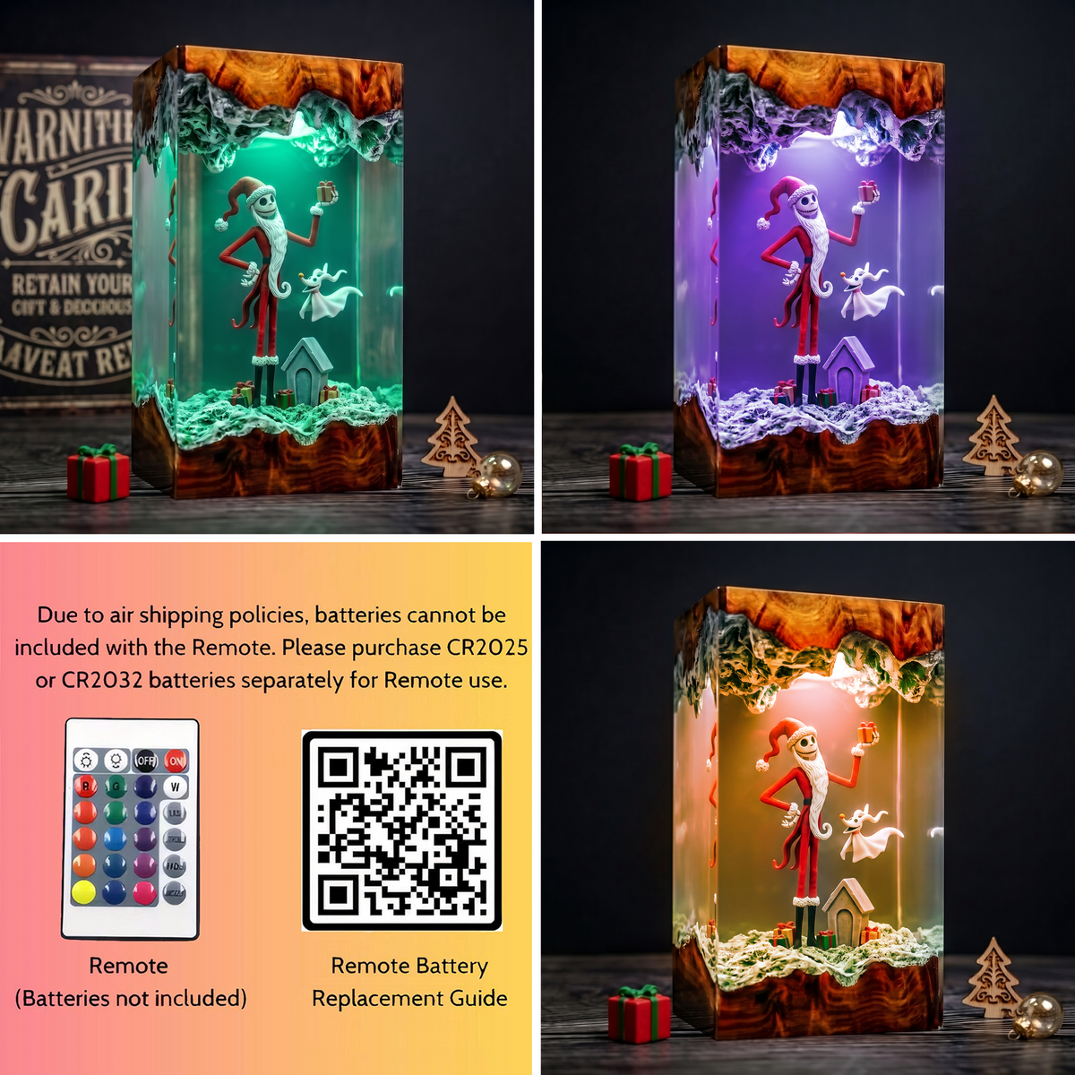 Jack Skellington in Santa Outfit with Zero Ghost Dog and Christmas Gifts Wood Resin Lamp