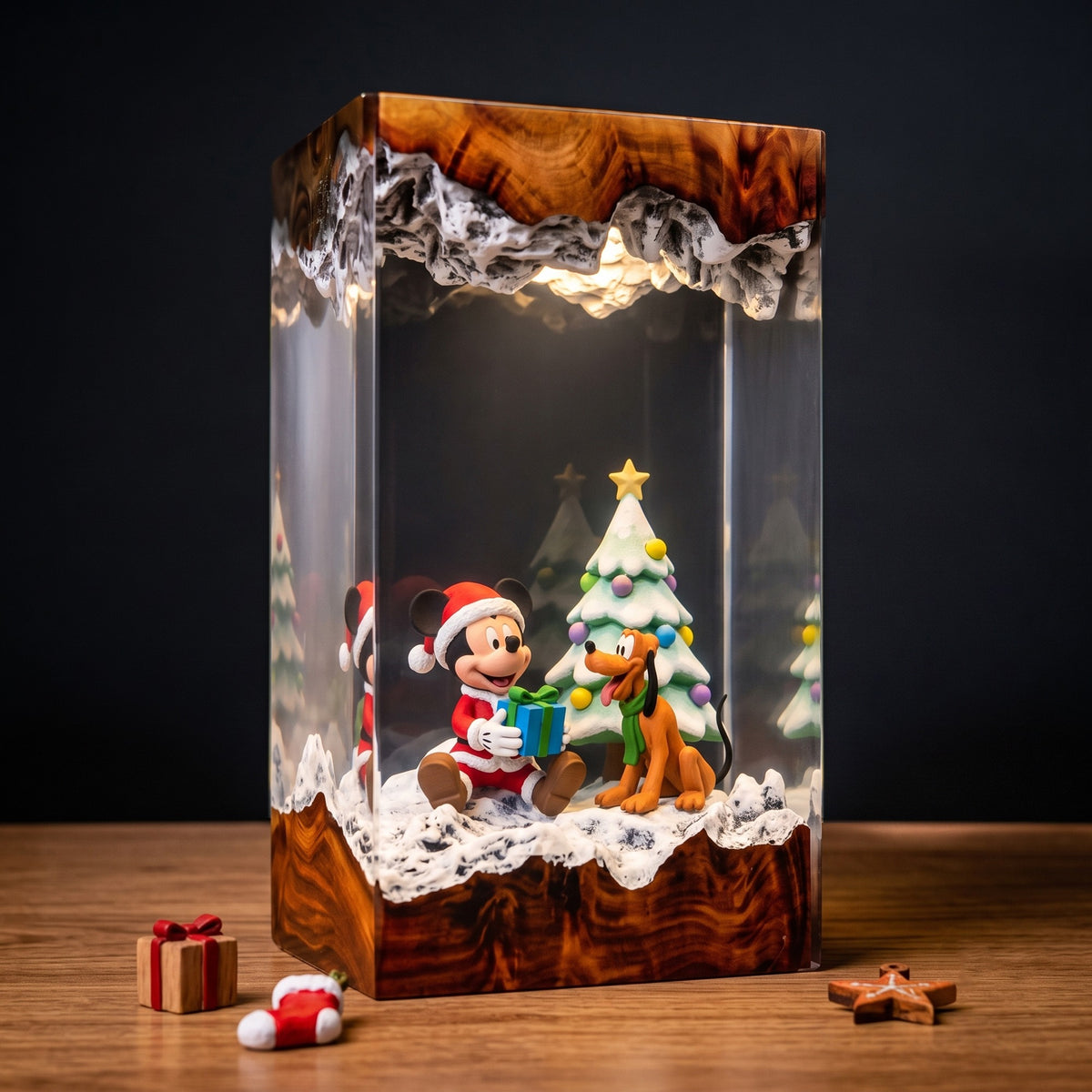 Mickey Mouse in Santa Outfit & Pluto with Gift Box and Snowy Christmas Tree Wood Resin Lamp