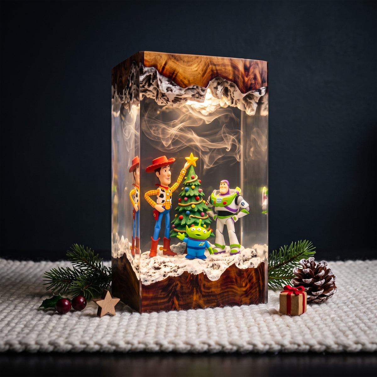 Woody, Buzz Lightyear & Little Green Alien with Decorated Christmas Tree Wood Resin Lamp