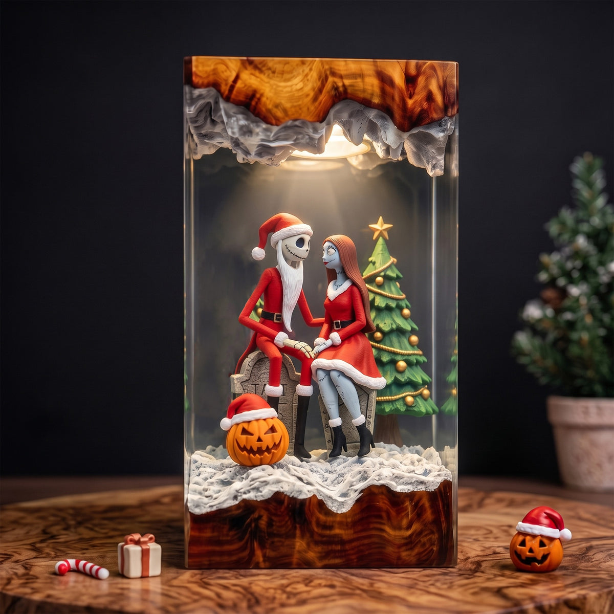 Jack Skellington & Sally in Santa Outfits with Christmas Tree and Pumpkin Wood Resin Lamp