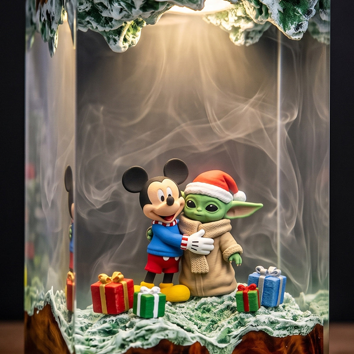 Mickey Mouse Hugging Grogu in a Santa Hat with Christmas Gifts Wood Resin Lamp
