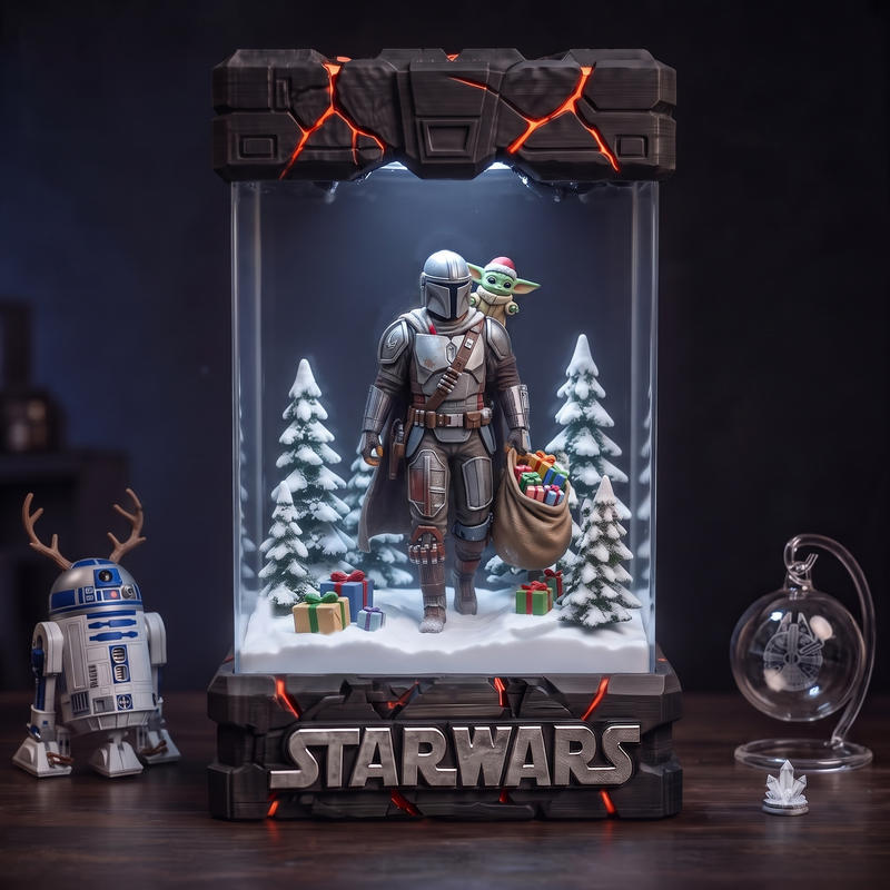 Mandalorian Carrying Christmas Gifts with Santa Hat Grogu in a Snowy Forest Resin Lamp