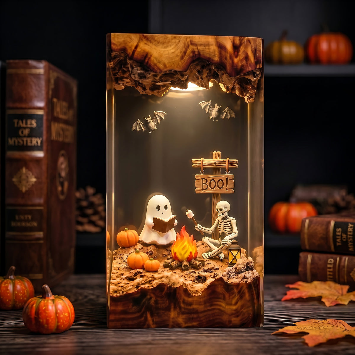 Ghost & Skeleton Campfire Resin Lamp – Reading Ghost Halloween Diorama, Pumpkin & Bat Spooky Night Light