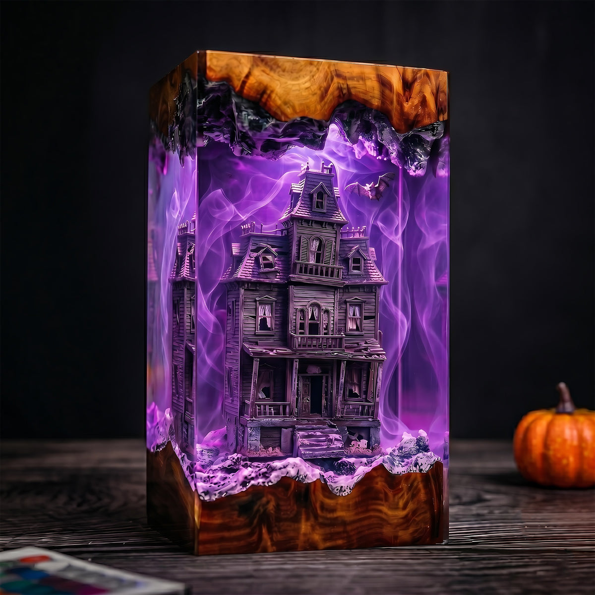 Haunted Victorian House Resin Lamp – Spooky Mansion with Bats & Ghostly Mist, Halloween Epoxy Diorama Night Light