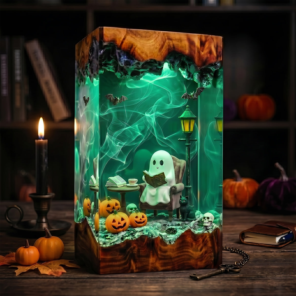 Cozy Reading Ghost Resin Lamp – Halloween Pumpkin & Black Cat Epoxy Diorama Night Light, Cute Spooky Decor