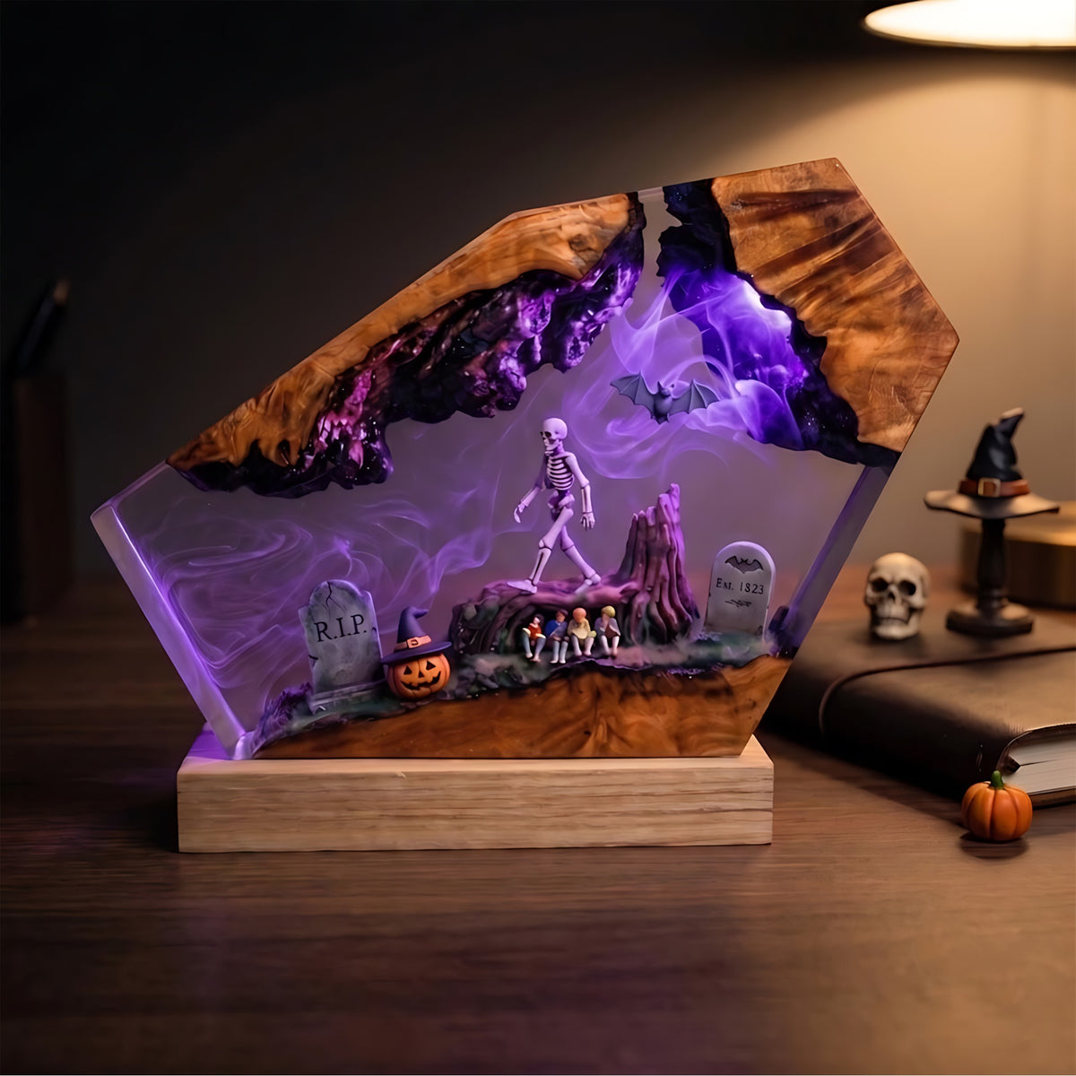 Skeleton Forest Graveyard Resin Lamp – Haunted Woodland with Bats & Witch Pumpkin, Halloween Epoxy Diorama Night Light