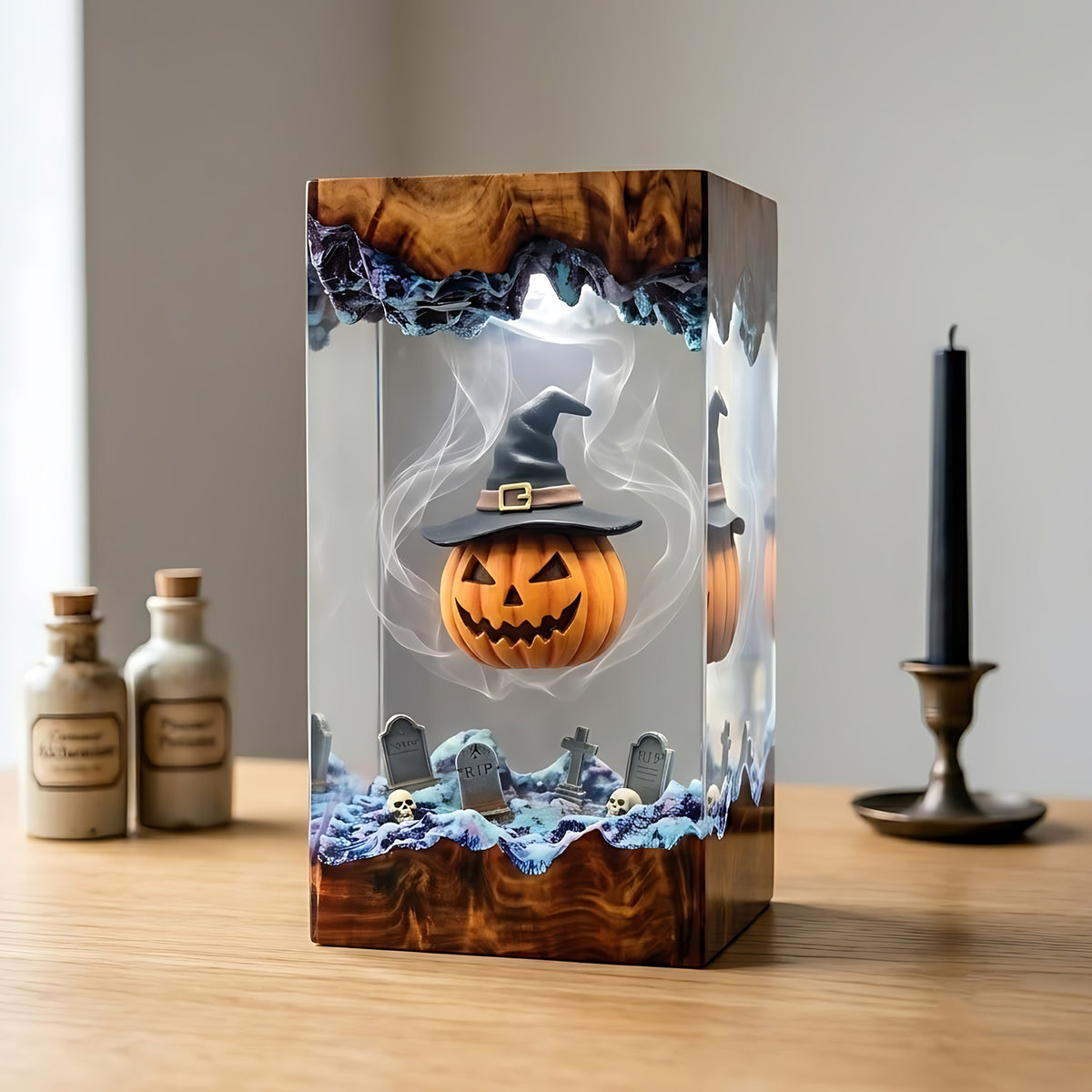 Witch Pumpkin Graveyard Resin Lamp – Jack O’ Lantern with Witch Hat, Spooky Halloween Epoxy Diorama Night Light