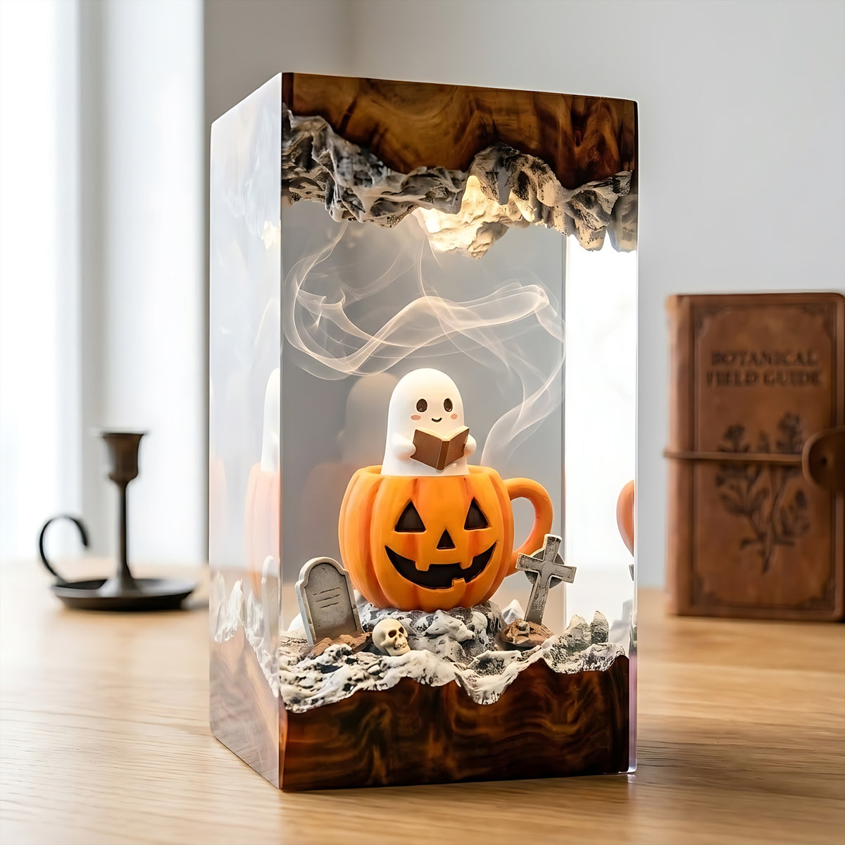 Cute Ghost Pumpkin Resin Lamp – Halloween Graveyard Epoxy Diorama Night Light
