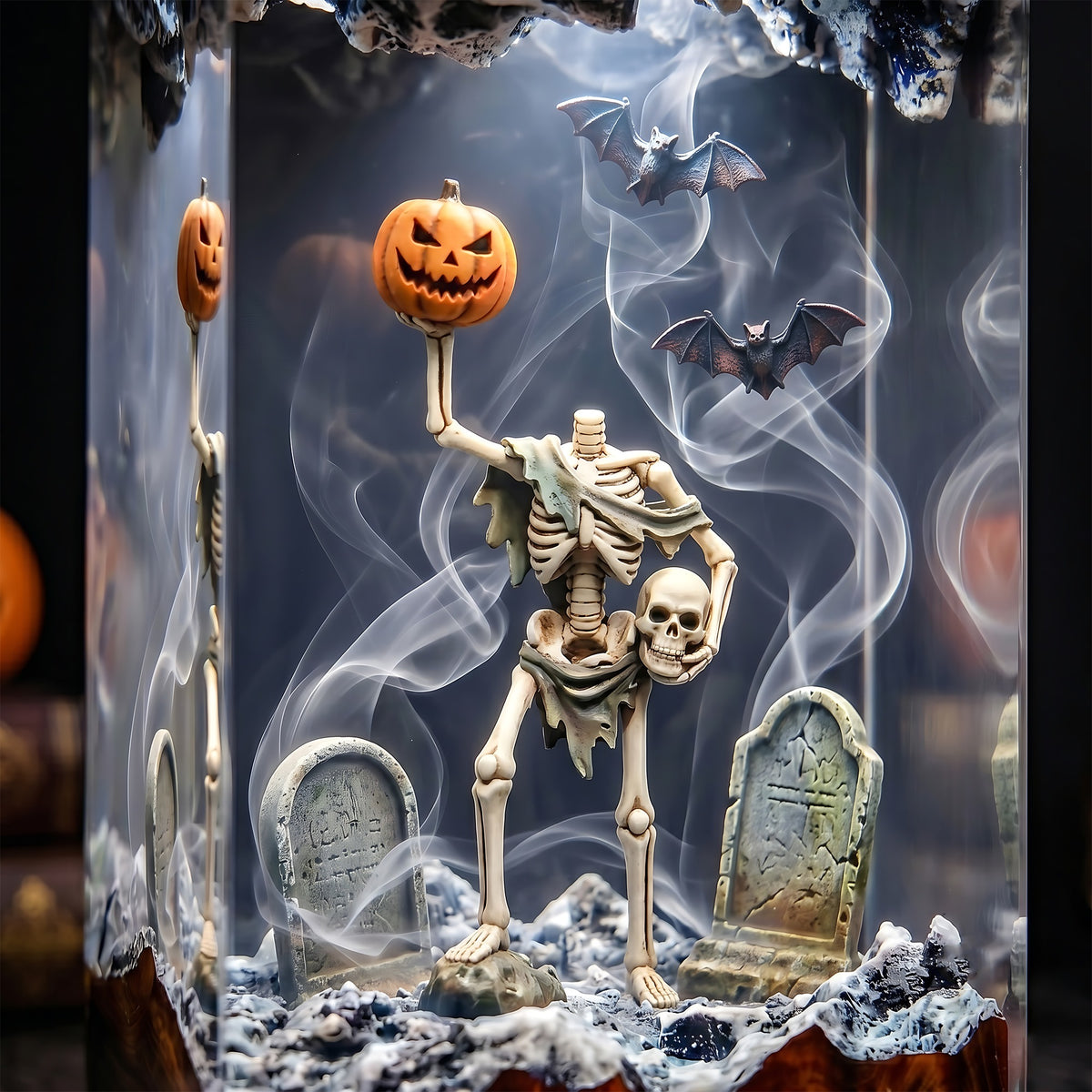 Halloween Skeleton Resin Lamp – Pumpkin Graveyard Epoxy Diorama Night Light