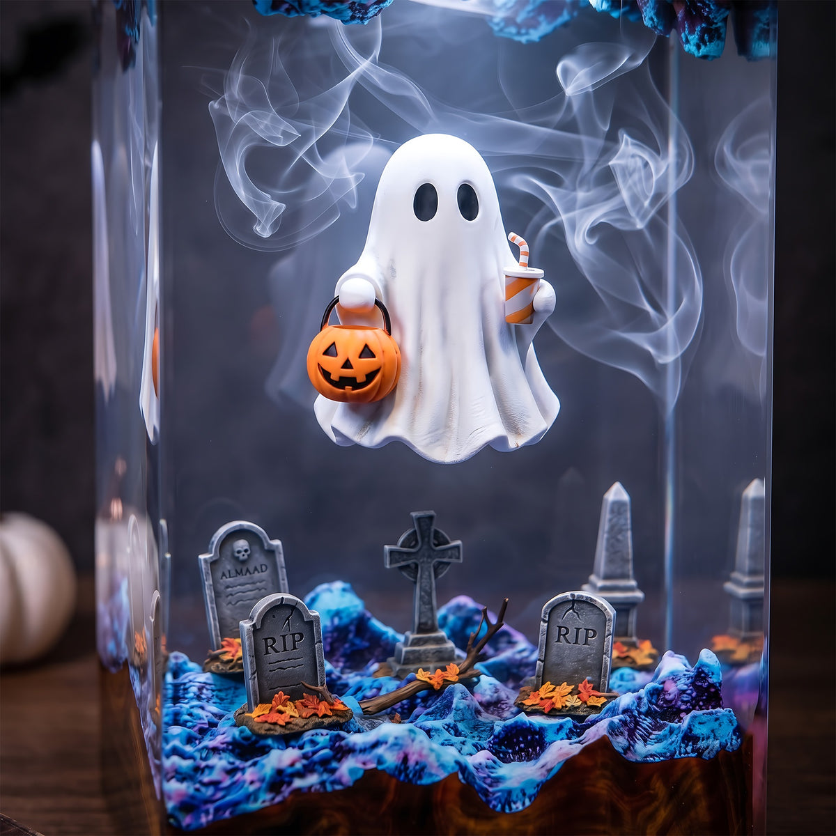 Trick or Treat Ghost Resin Lamp – Floating Ghost with Pumpkin Candy Bucket, Haunted Graveyard Halloween Epoxy Night Light