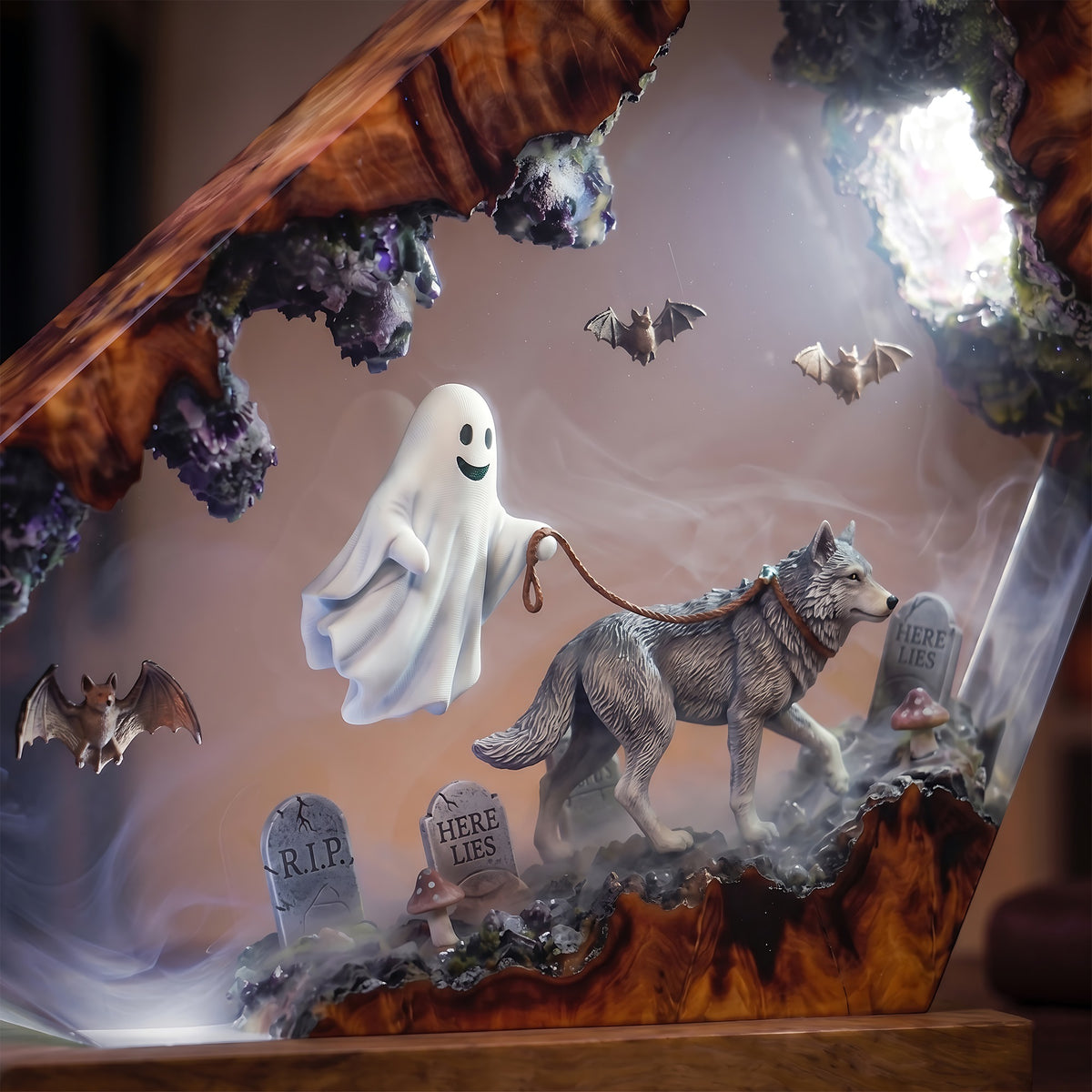 Ghost Walking Wolf Resin Lamp – Haunted Graveyard Halloween Epoxy Diorama Night Light, Spooky Woodland Decor