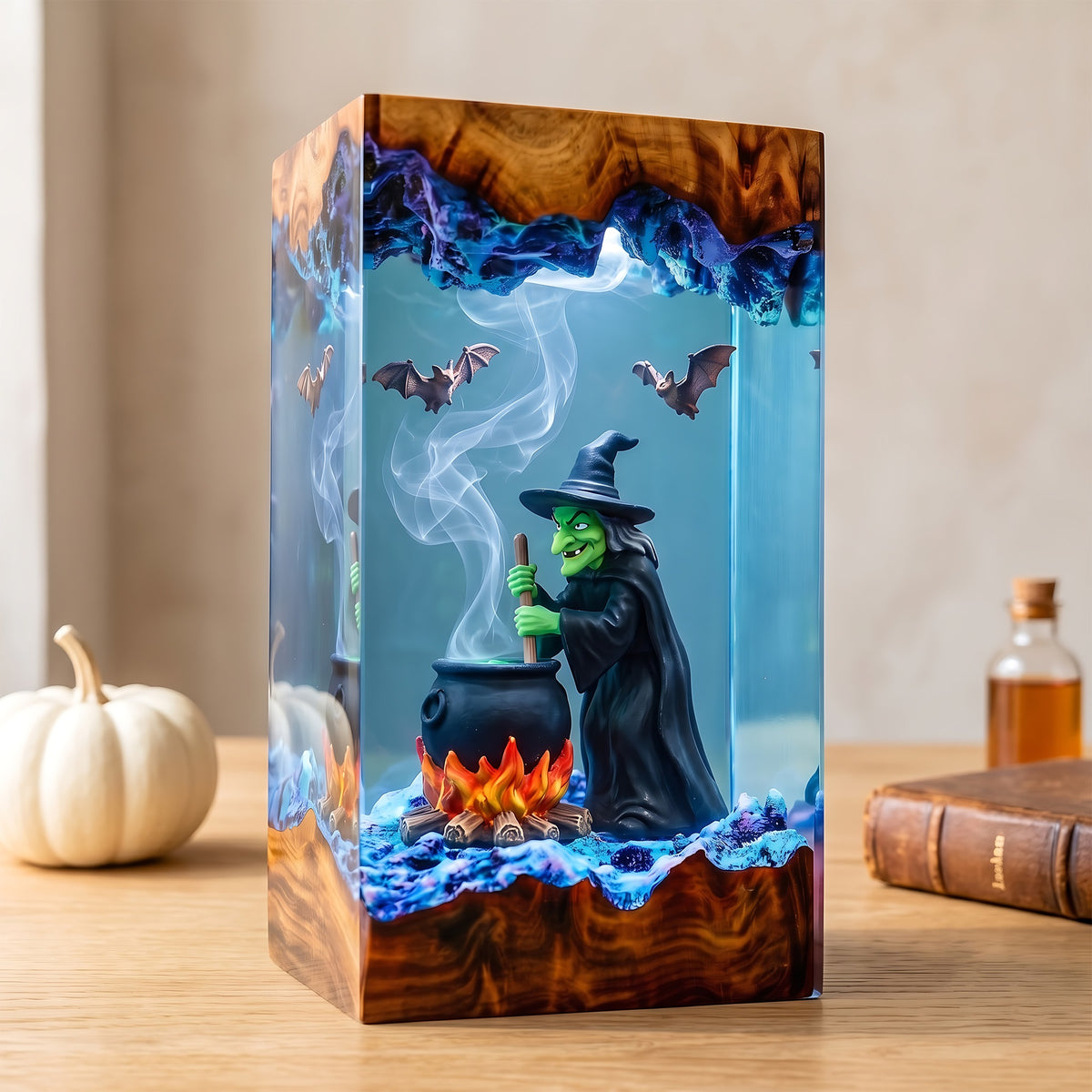 Witch Cauldron Resin Lamp – Brewing Witch with Bats & Glowing Fire, Spooky Halloween Epoxy Diorama Night Light