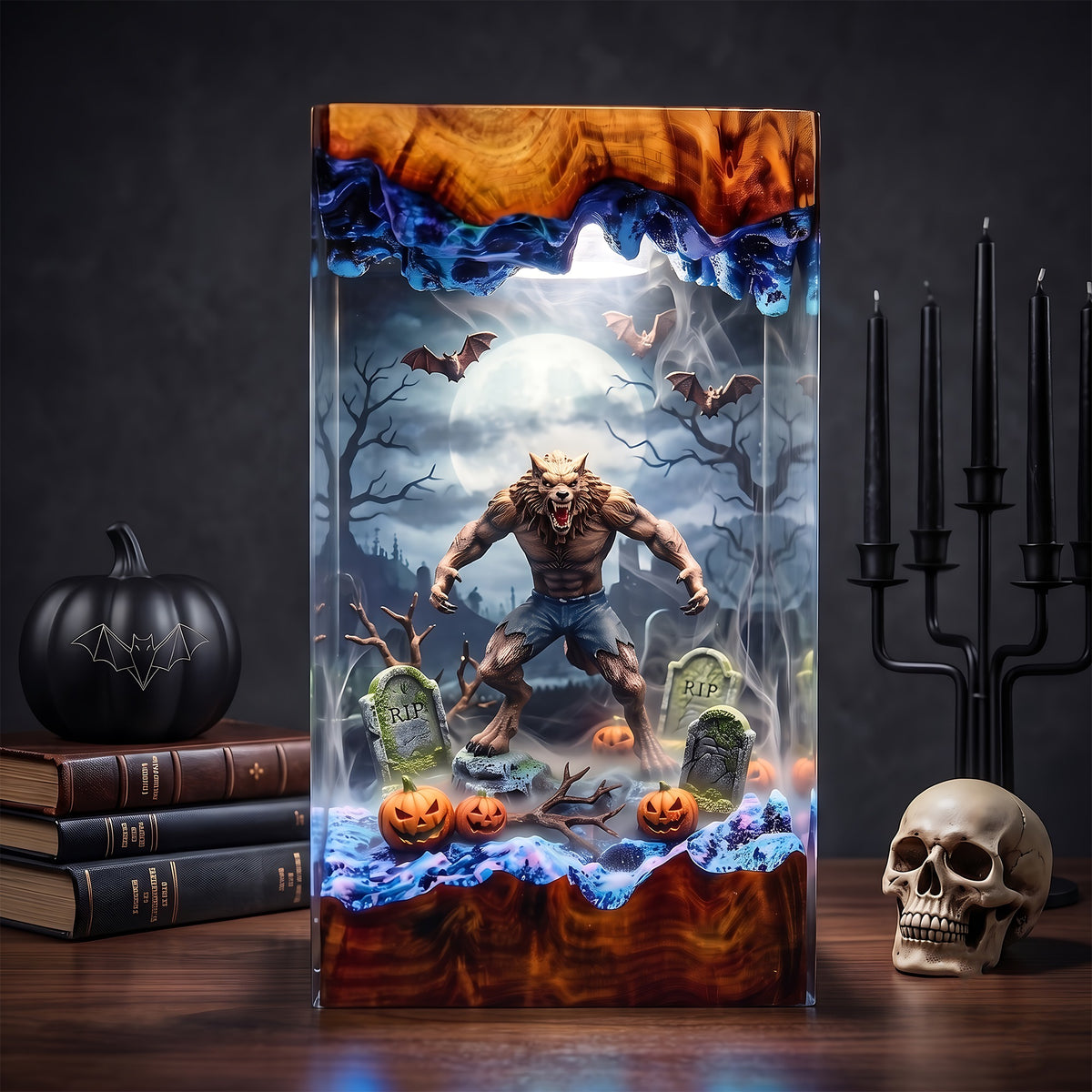 Werewolf Graveyard Resin Lamp – Full Moon Wolf Monster with Pumpkins & Bats, Halloween Epoxy Diorama Night Light