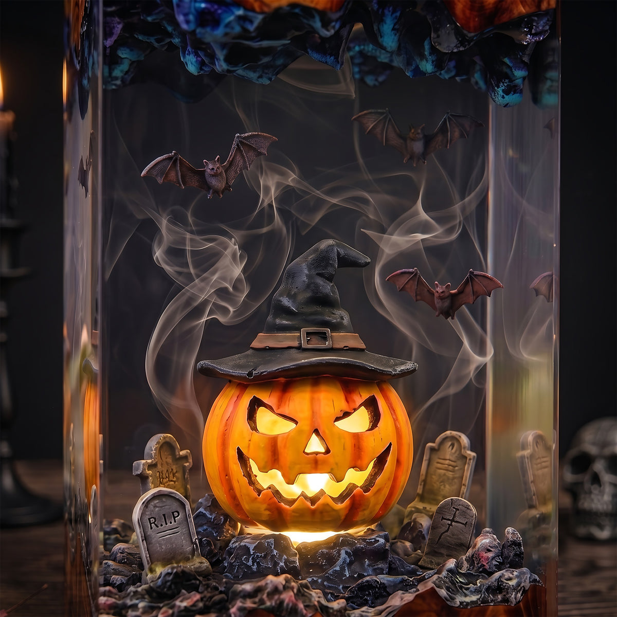 Glowing Witch Pumpkin Resin Lamp – Jack O’ Lantern Graveyard with Bats, Halloween Epoxy Diorama Night Light, Spooky Decor