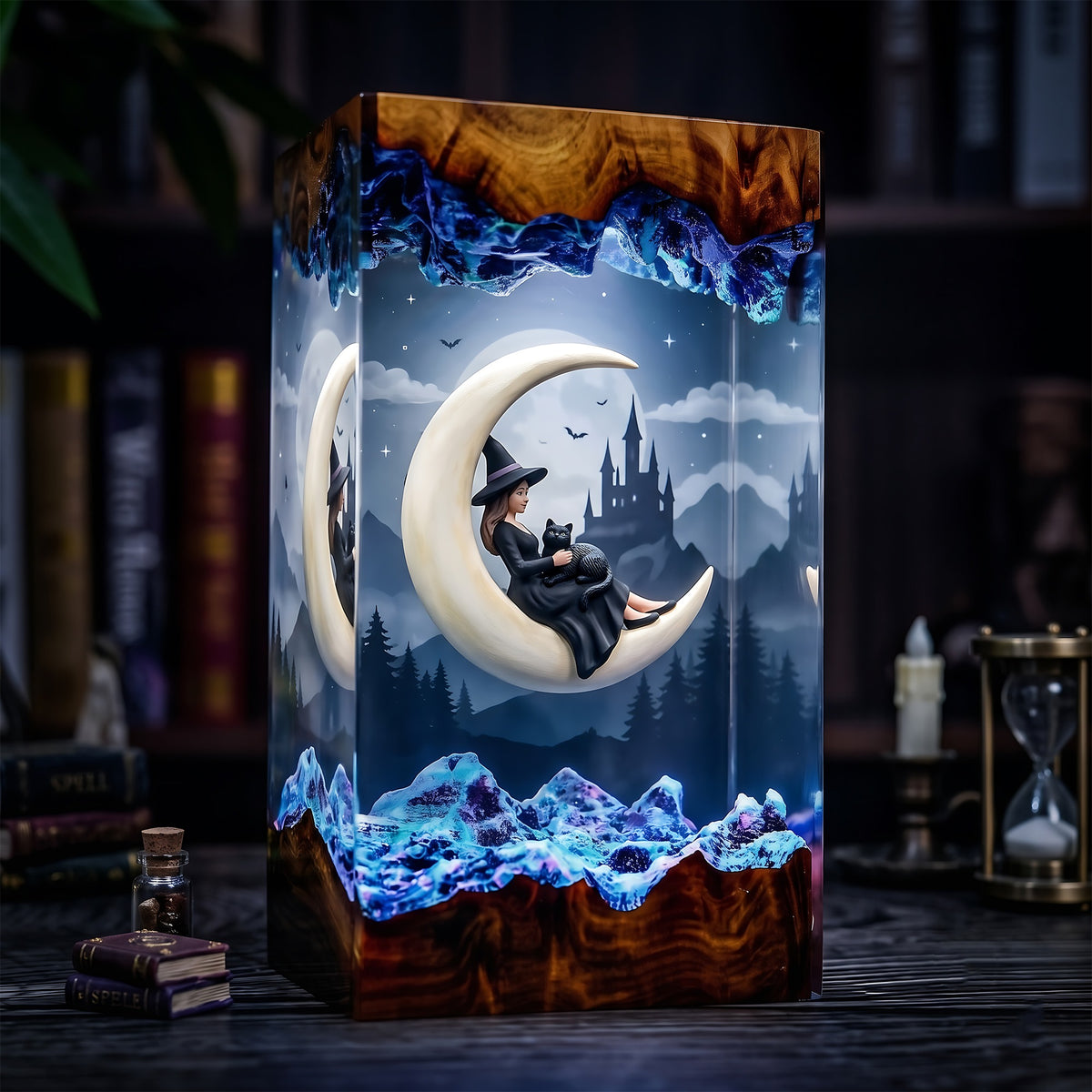 Moonlit Witch & Black Cat Resin Lamp – Crescent Moon Haunted Castle Halloween Epoxy Diorama Night Light, Gothic Witch Decor