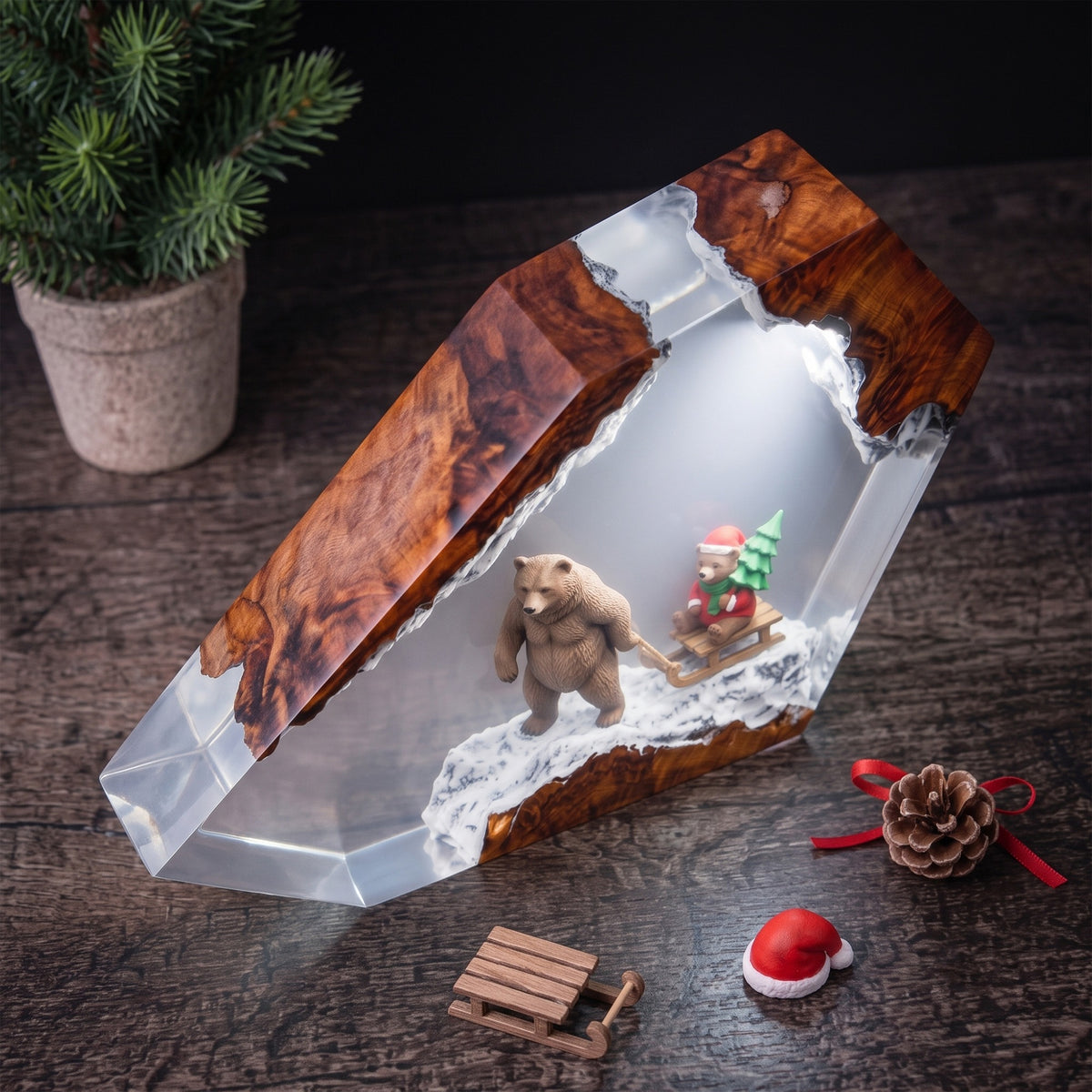 Christmas Bear & Teddy Sled Resin Lamp – Snowy Woodland Holiday Epoxy Diorama Night Light, Cozy Winter Christmas Decor