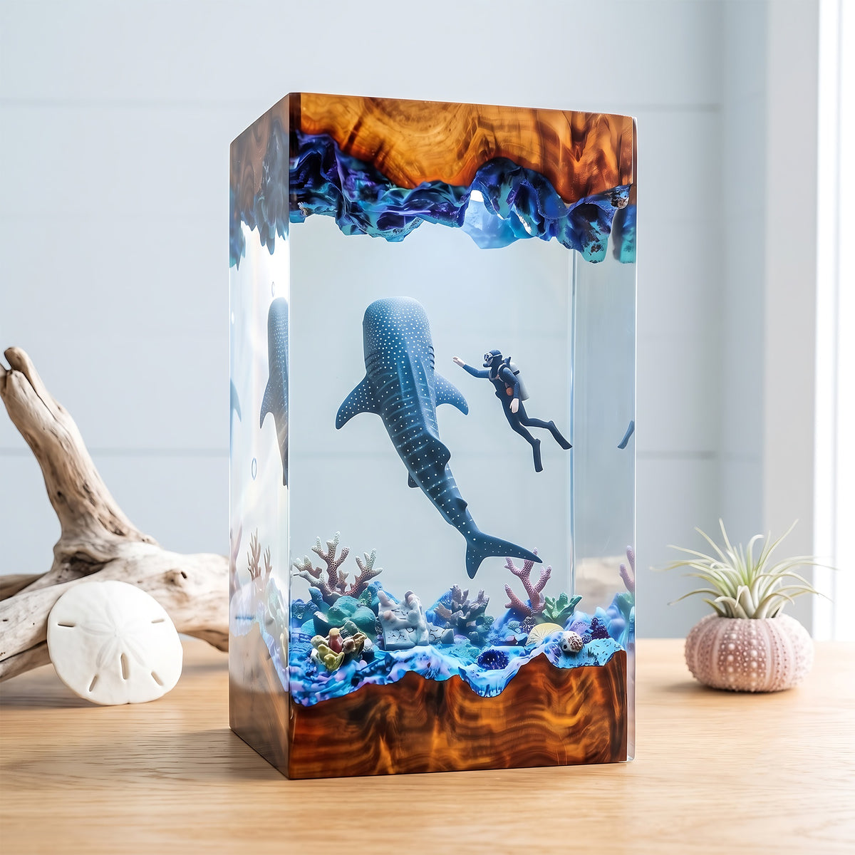 Whale Shark & Scuba Diver Ocean Wood Resin Lamp