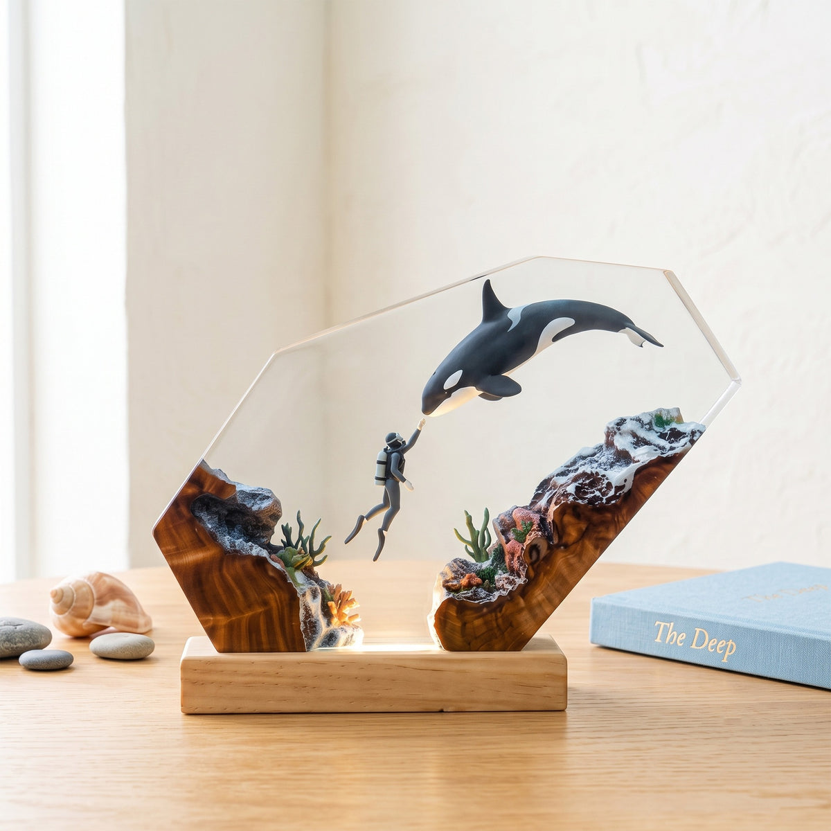 Orca & Scuba Diver Ocean Wood Resin Lamp