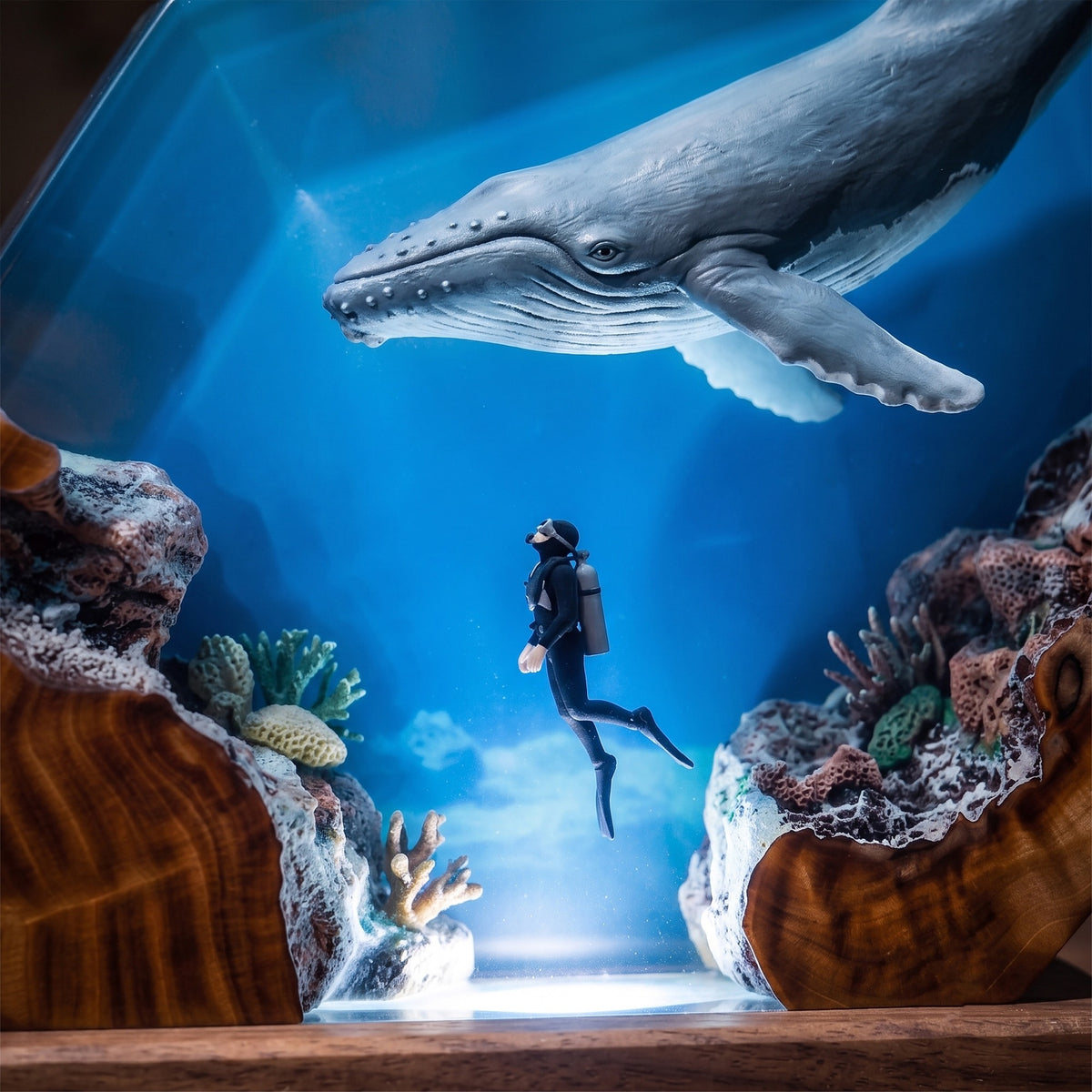 Humpback Whale & Scuba Diver Ocean Wood Resin Lamp