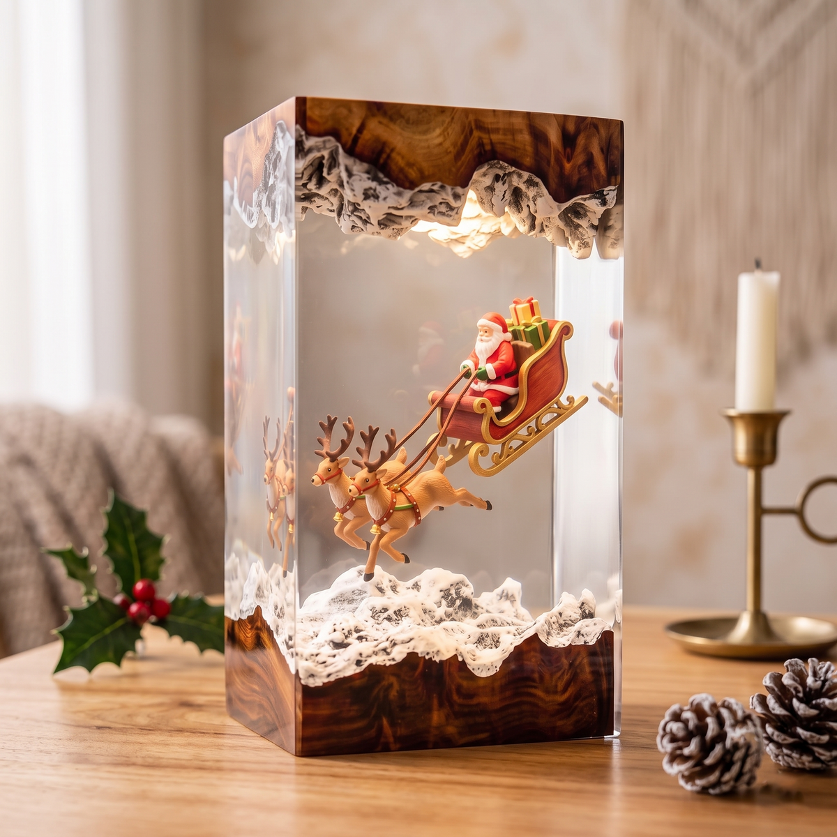 Santa Claus in a Flying Sleigh with Two Reindeer and Gifts Christmas Wood Resin Lamp