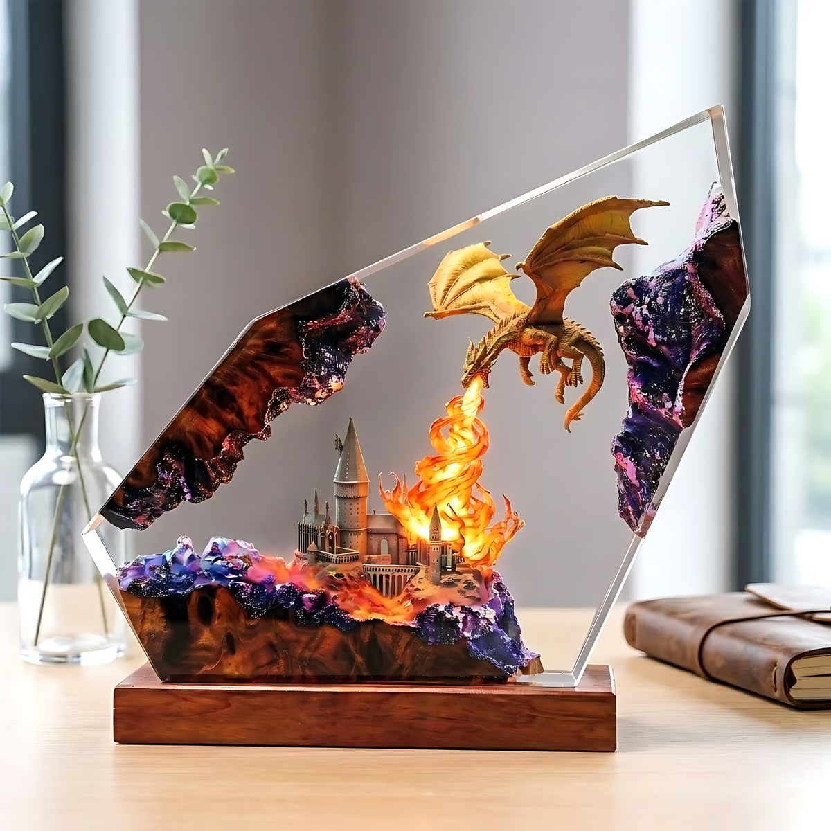 Fire-Breathing Dragon & Fantasy Castle Wood Resin Lamp