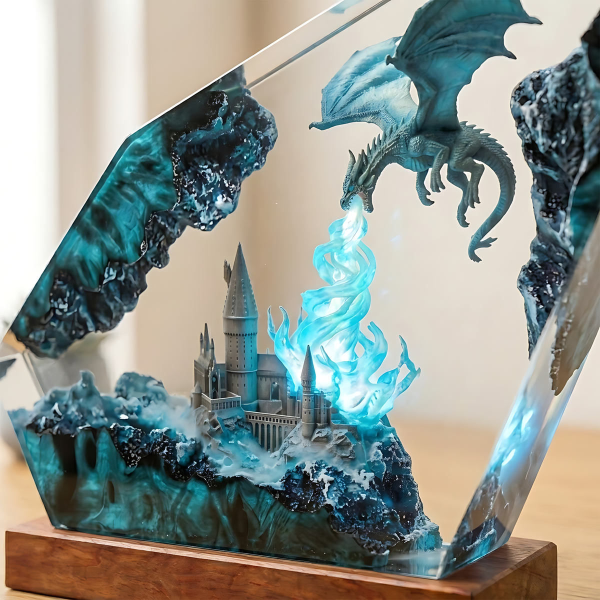 Blue Flame Dragon & Fantasy Castle Wood Resin Lamp