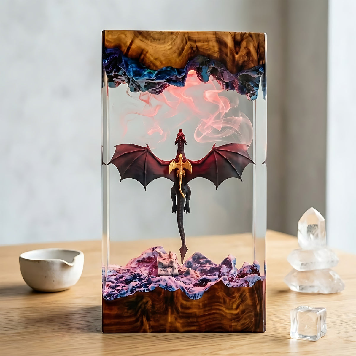 Flying Dragon & Baby Dragon Fantasy Wood Resin Lamp