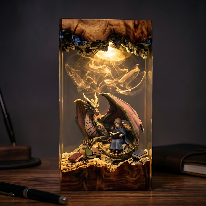 Dragon & Girl Reading a Book Fantasy Wood Resin Lamp