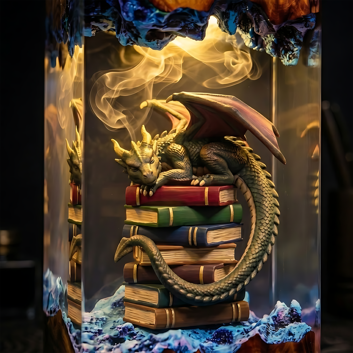 Sleeping Dragon on Stacked Books Wood Resin Lamp