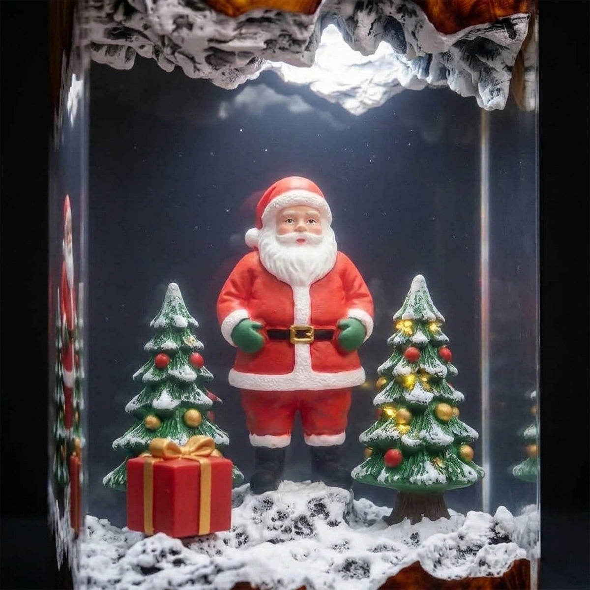 Santa Claus with Snowy Christmas Trees and Gift Box Wood Resin Lamp