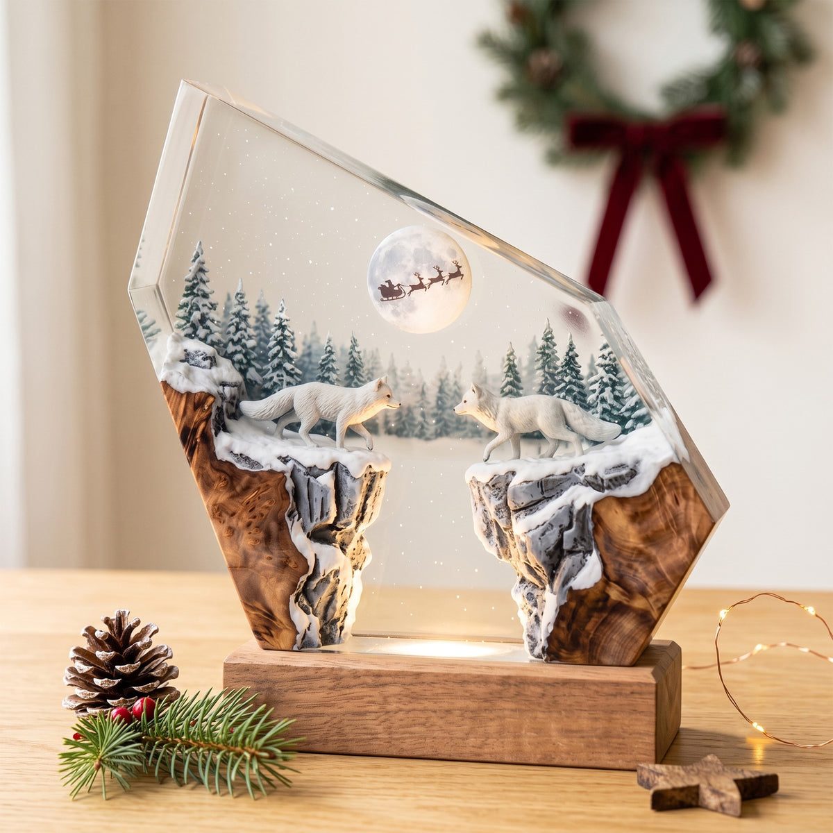 Arctic Foxes & Santa Sleigh Christmas Wood Resin Lamp
