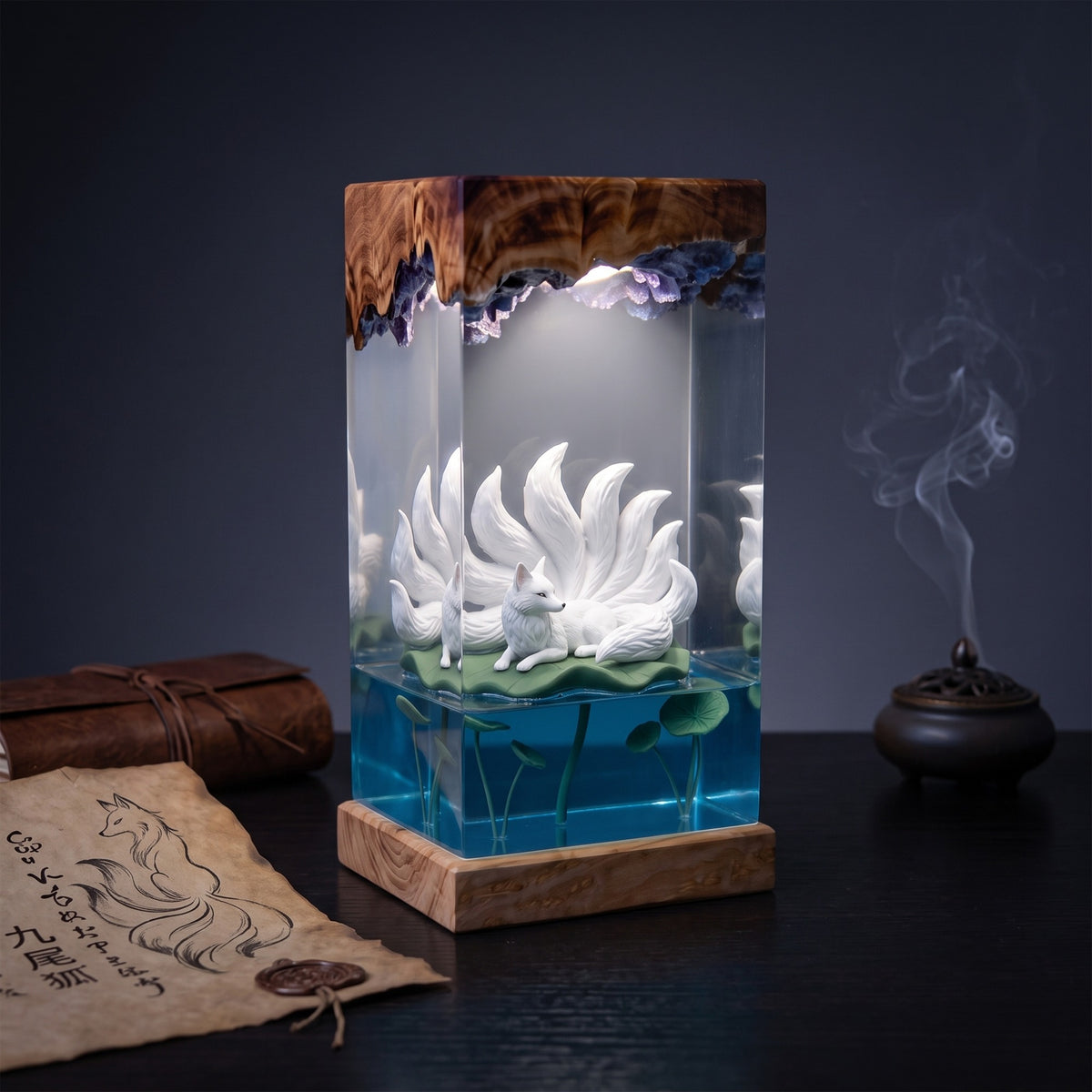 White Nine-Tailed Fox on Lotus Leaf Wood Resin Lamp
