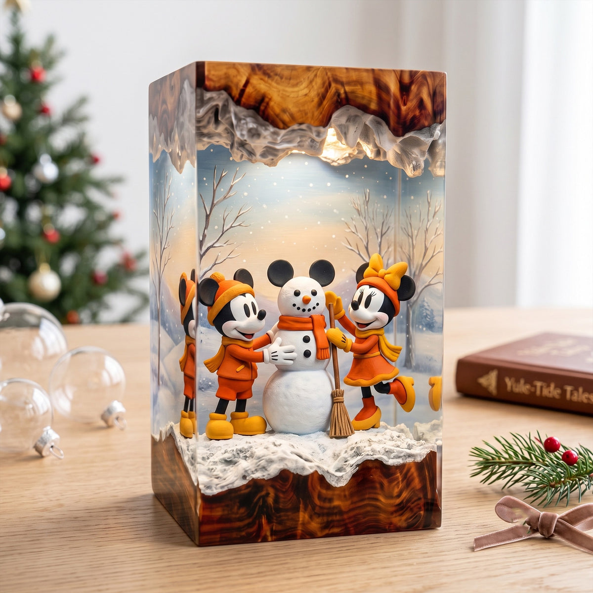 Mickey & Minnie Mouse Building a Snowman Christmas Wood Resin Lamp