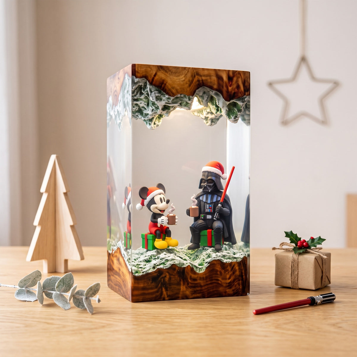 Christmas Dark Lord & Classic Mouse Resin Lamp – Holiday Cocoa Scene, Festive Movie Inspired Epoxy Diorama Night Light