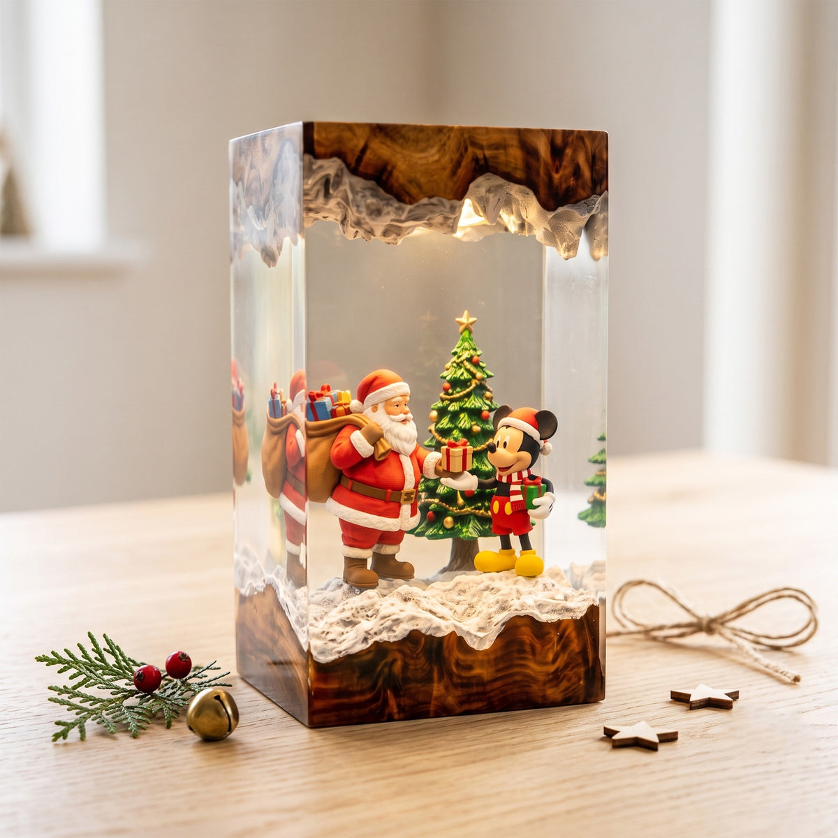 Santa Claus Giving Mickey Mouse a Present beside a Christmas Tree Wood Resin Lamp