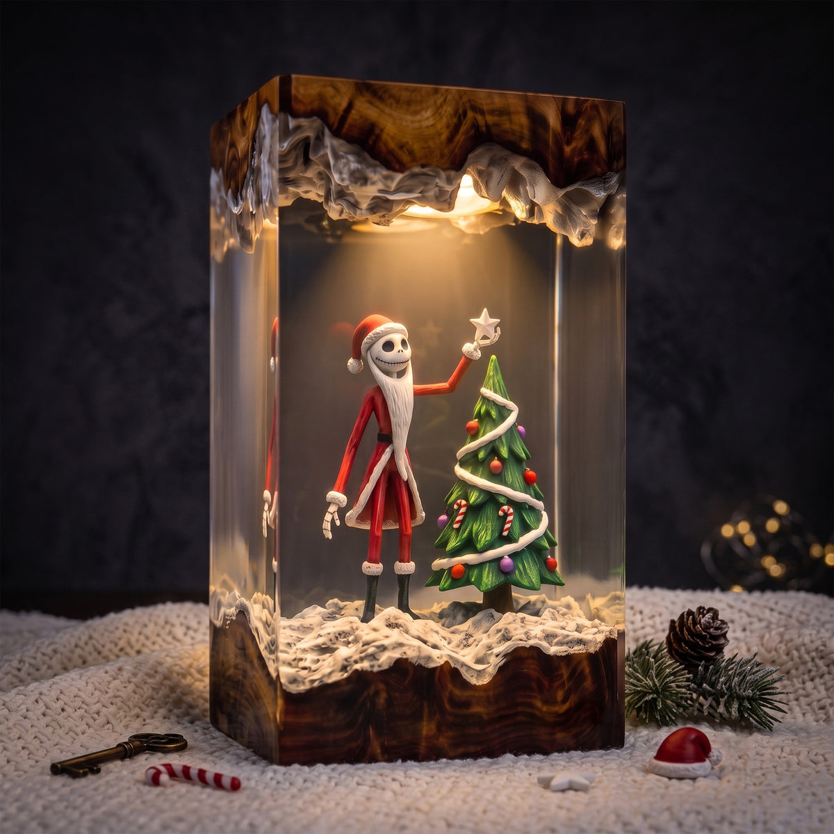 Christmas Skeleton Resin Lamp – Skeleton Santa Decorating Christmas Tree, Festive Epoxy Diorama Night Light, Holiday Decor